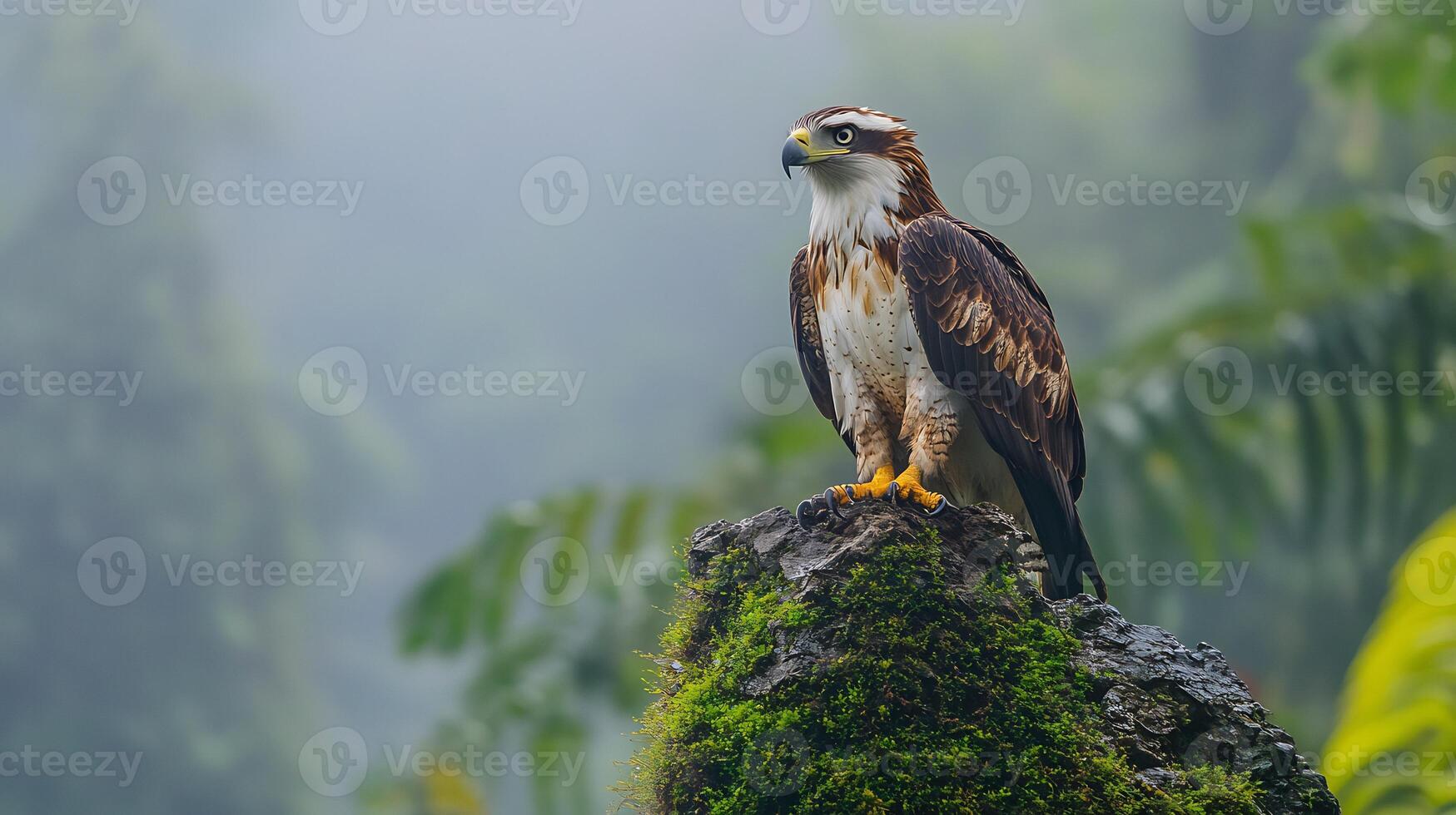 Philippine Eagle Pithecophaga jefferyi phylum Chordata class Aves order Accipitriformes family Accipitridae perched a rocky cliff edge its sharp beak and piercing eyes framed by misty rainforest photo