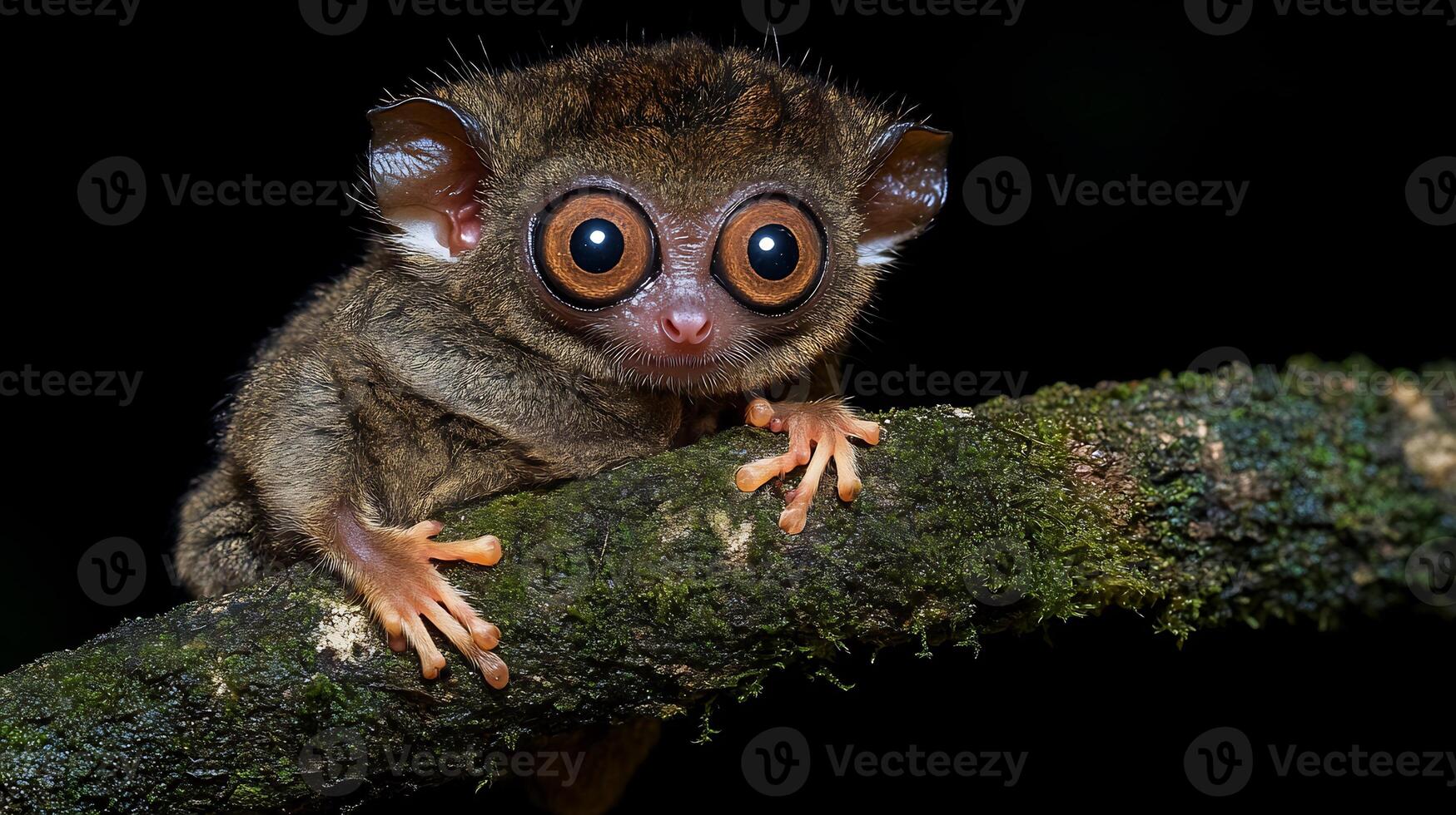 Philippine Tarsier Carlito syrichta phylum Chordata class Mammalia order Primates family Tarsiidae clinging a mossy branch its enormous eyes glowing under moonlight photo