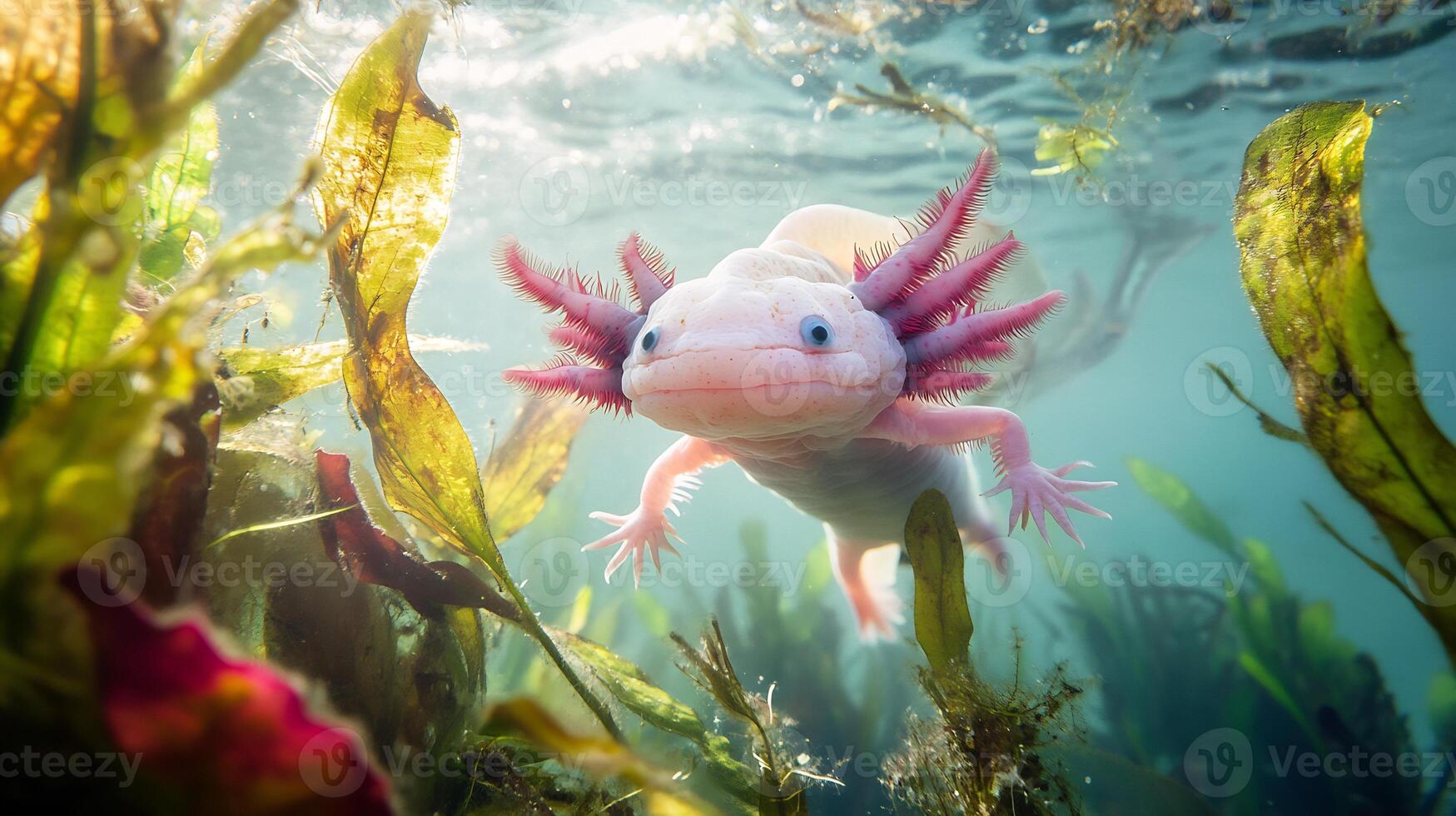 Axolotl Ambystoma mexicanum phylum Chordata class Amphibia order Urodela family Ambystomatidae floating gracefully clear waters among vibrant aquatic plants showcasing delicate gills unique morphology photo