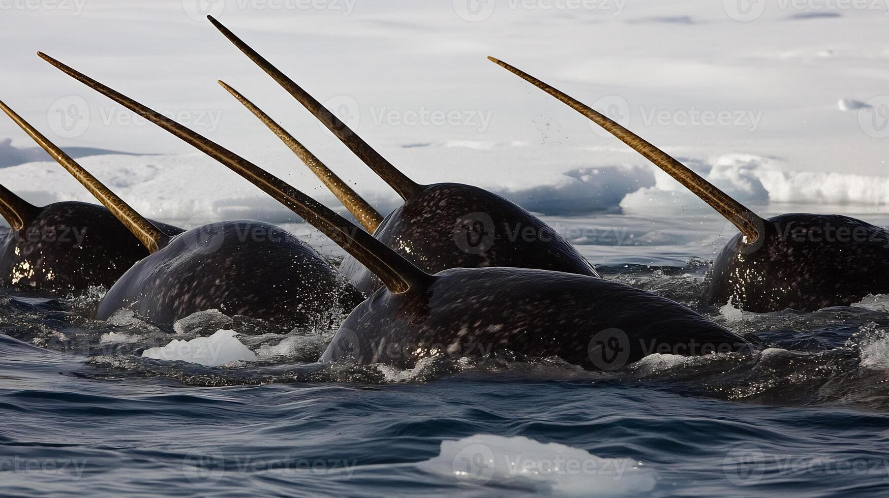 Pod of Narwhals Monodon monoceros phylum Chordata class Mammalia order Cetacea family Monodontidae swimming through icy Arctic waters their long tusks reflecting polar suns glow photo
