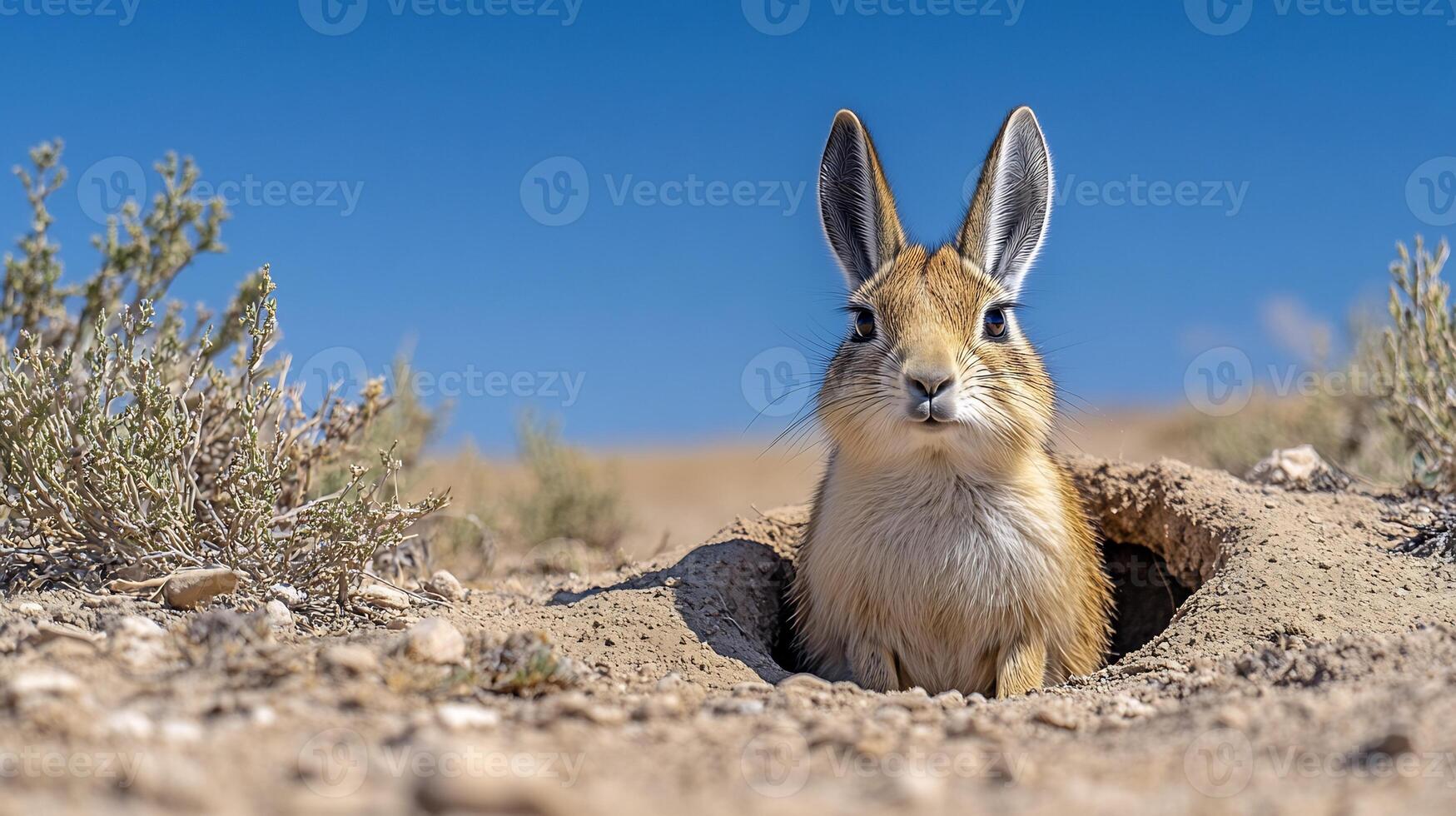 Plains Viscacha Lagostomus maximus phylum Chordata class Mammalia order Rodentia family Chinchillidae peeking its burrow on a dry Argentinian plain surrounded by sparse vegetation photo