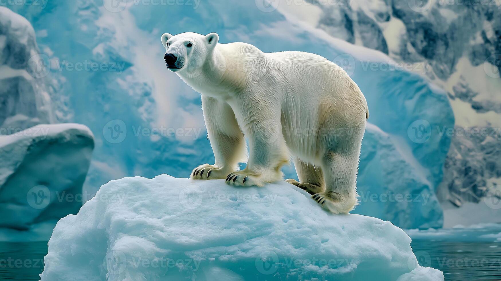 Polar Bear Ursus maritimus family Ursidae standing Arctic icebergs apex predator showcasing adaptation survival in polar ecosystems and wildlife conservation in icy habitats photo