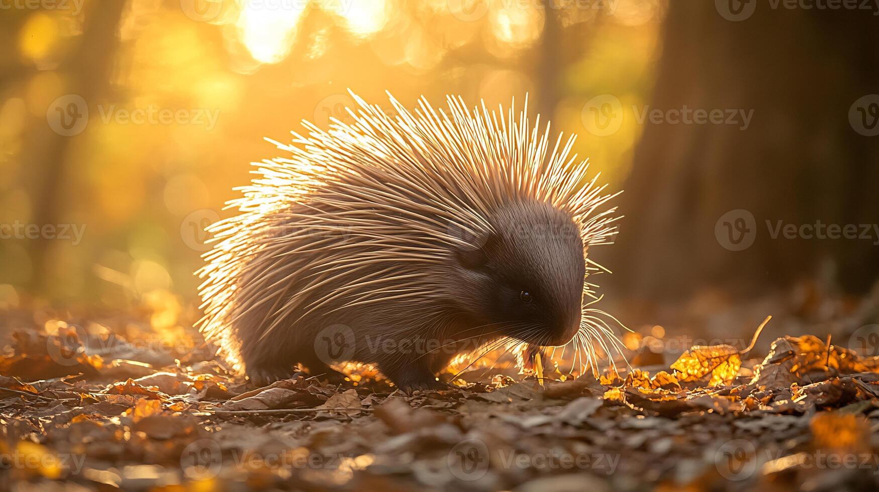Porcupine Erethizon dorsatum phylum Chordata class Mammalia order Rodentia family Erethizontidae foraging a forest floor with quills glowing in golden hour light showcasing defensive adaptations photo