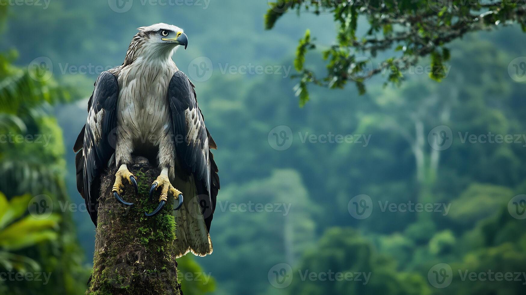Harpy Eagle Harpia harpyja phylum Chordata class Aves order Accipitriformes family Accipitridae perched high a jungle tree its fierce eyes and massive claws emphasized against dense rainforest photo