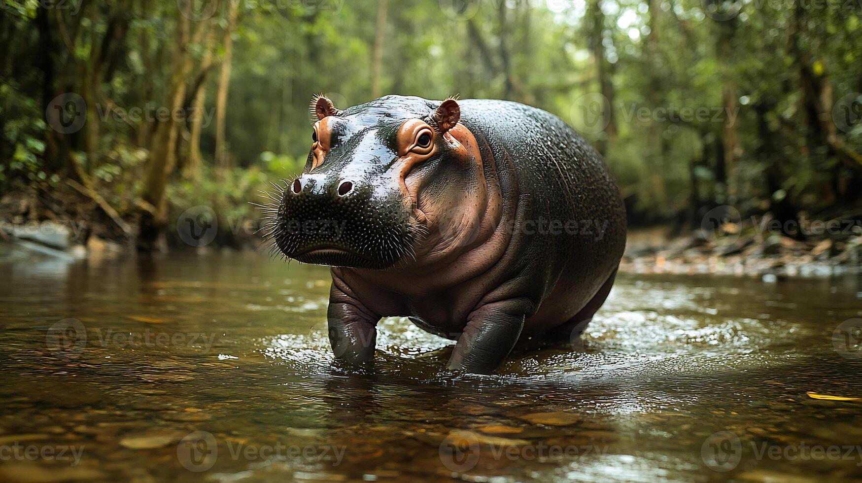 Pygmy Hippopotamus Choeropsis liberiensis phylum Chordata class Mammalia order Artiodactyla family Hippopotamidae wading a forest river its wet skin reflecting soft afternoon light photo
