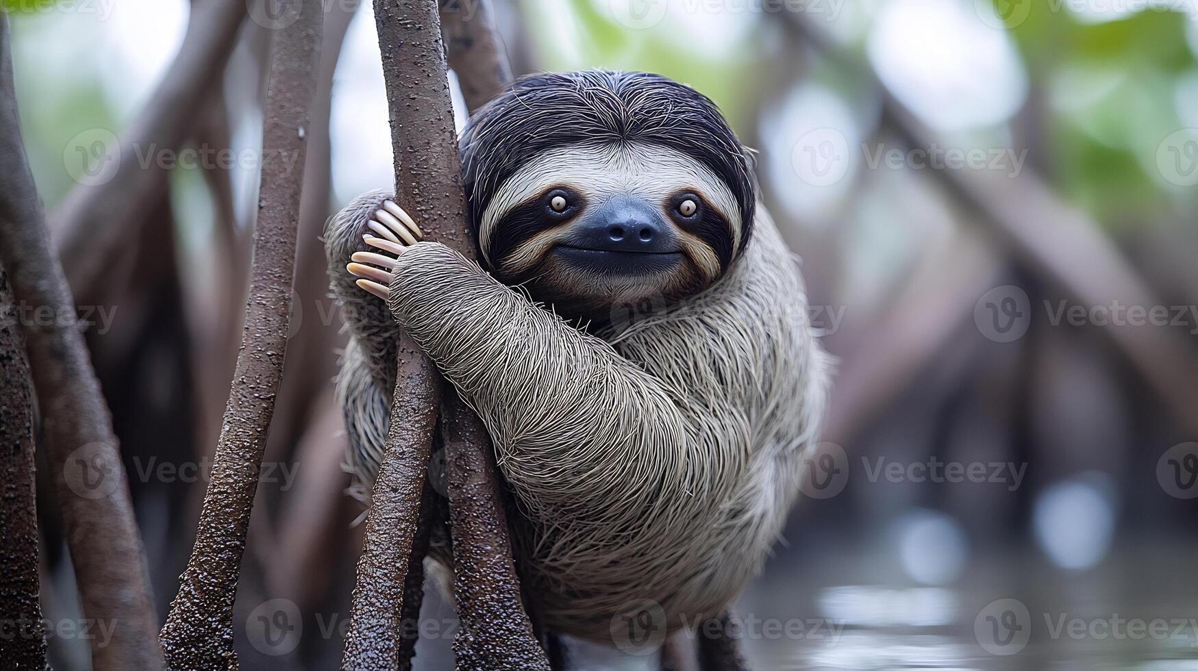 Pygmy ThreeToed Sloth Bradypus pygmaeus phylum Chordata class Mammalia order Pilosa family Bradypodidae clinging a mangrove tree its gentle expression framed by roots photo