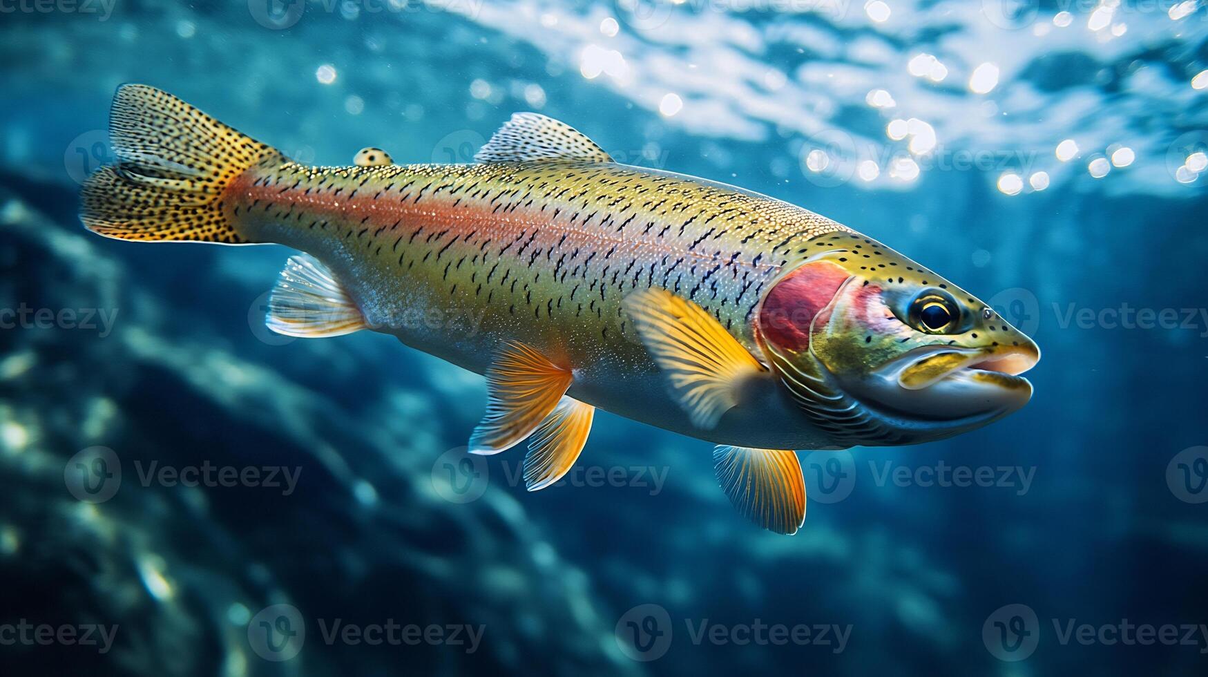 Rainbow Trout Oncorhynchus mykiss phylum Chordata class Actinopterygii order Salmoniformes family Salmonidae swimming against current in a mountain stream its vibrant scales glowing under sunlight photo