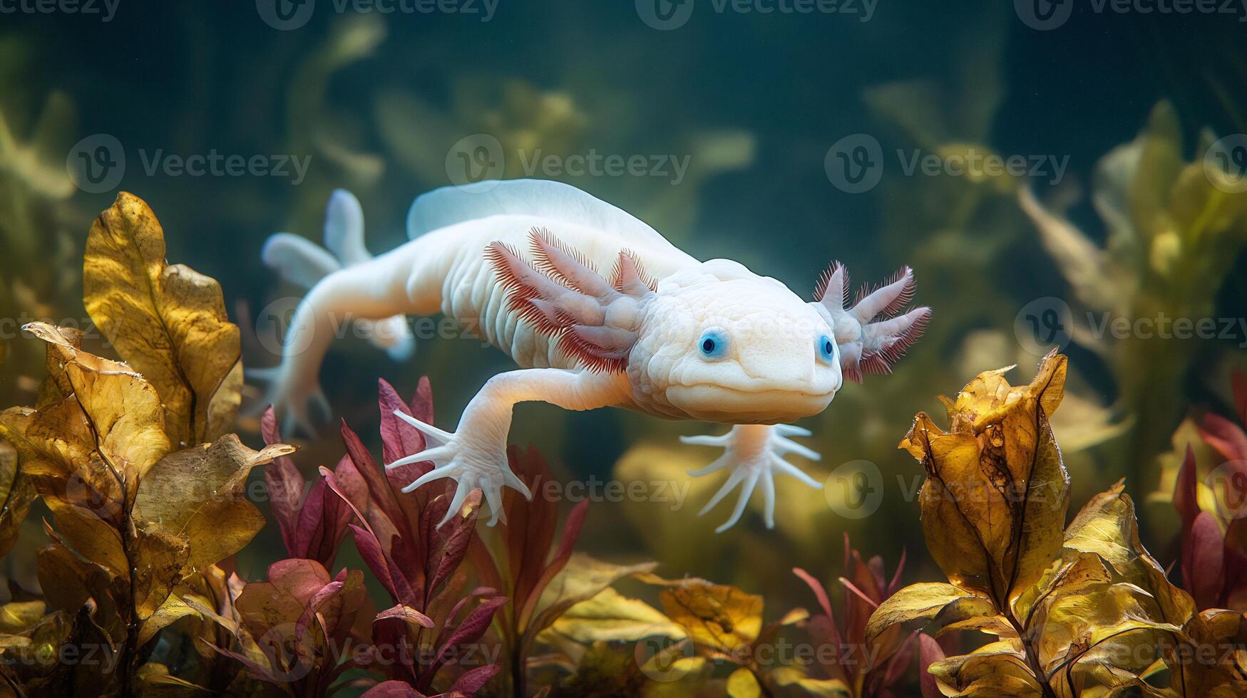 White Axolotl Ambystoma mexicanum phylum Chordata class Amphibia order Urodela family Ambystomatidae swimming gracefully among aquatic plants delicate gills glowing in natural sunlight photo