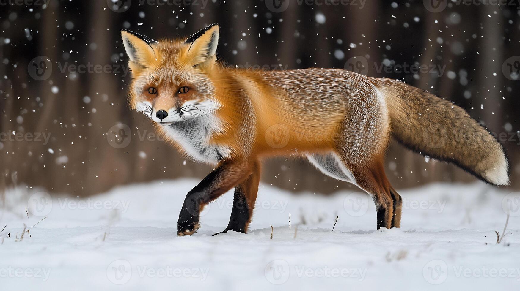 Red Fox Vulpes vulpes phylum Chordata class Mammalia order Carnivora family Canidae walking through snowcovered forest under faint starlight its fur glowing softly photo