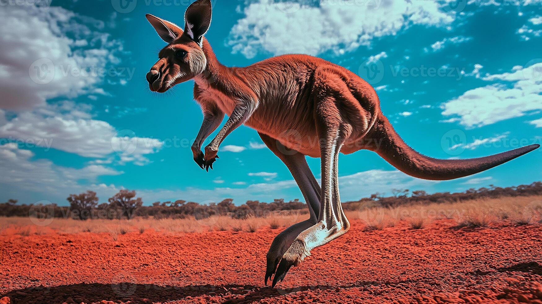 Red Kangaroo Macropus rufus family Macropodidae bounding across Australian outback iconic marsupial highlighting agility native wildlife red soil landscapes photo