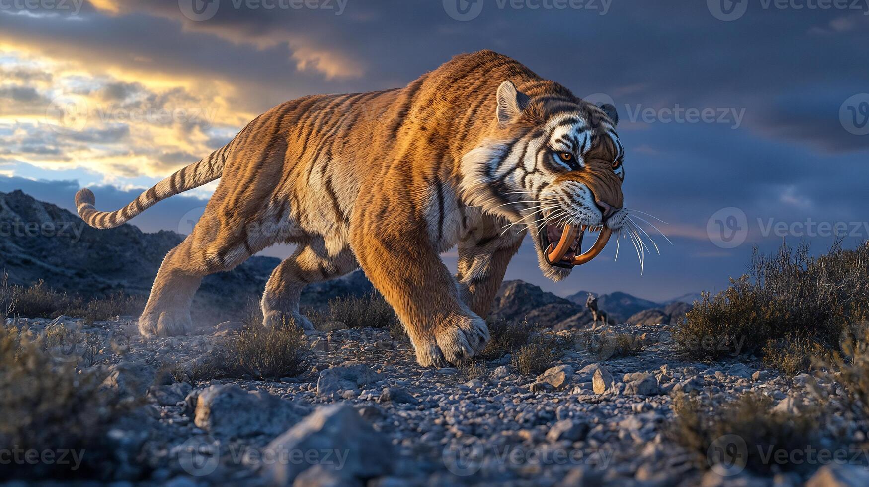 Sabertoothed Tiger Smilodon fatalis phylum Chordata class Mammalia order Carnivora family Felidae stalking prey rocky terrain its long fangs glowing under a twilight sky photo