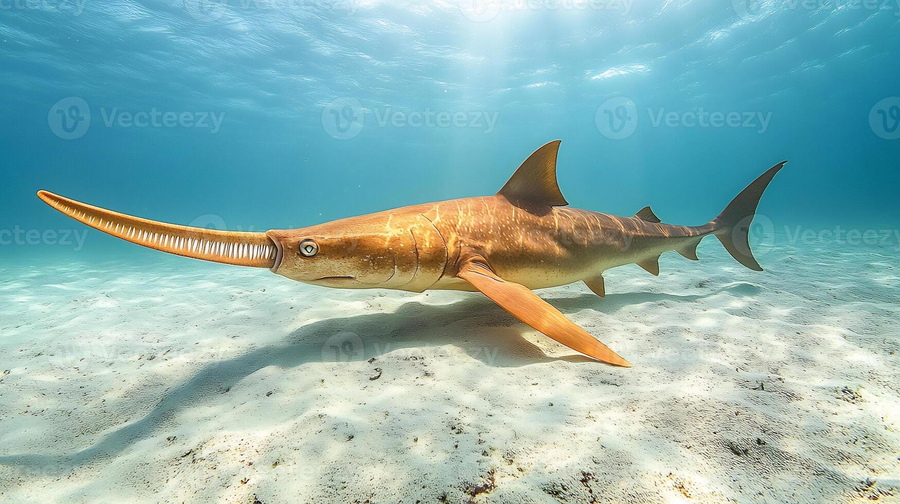 Sawfish Pristis pristis phylum Chordata class Chondrichthyes order Pristiformes family Pristidae gliding over sandy ocean floor its toothed rostrum glowing under rippled sunlight photo