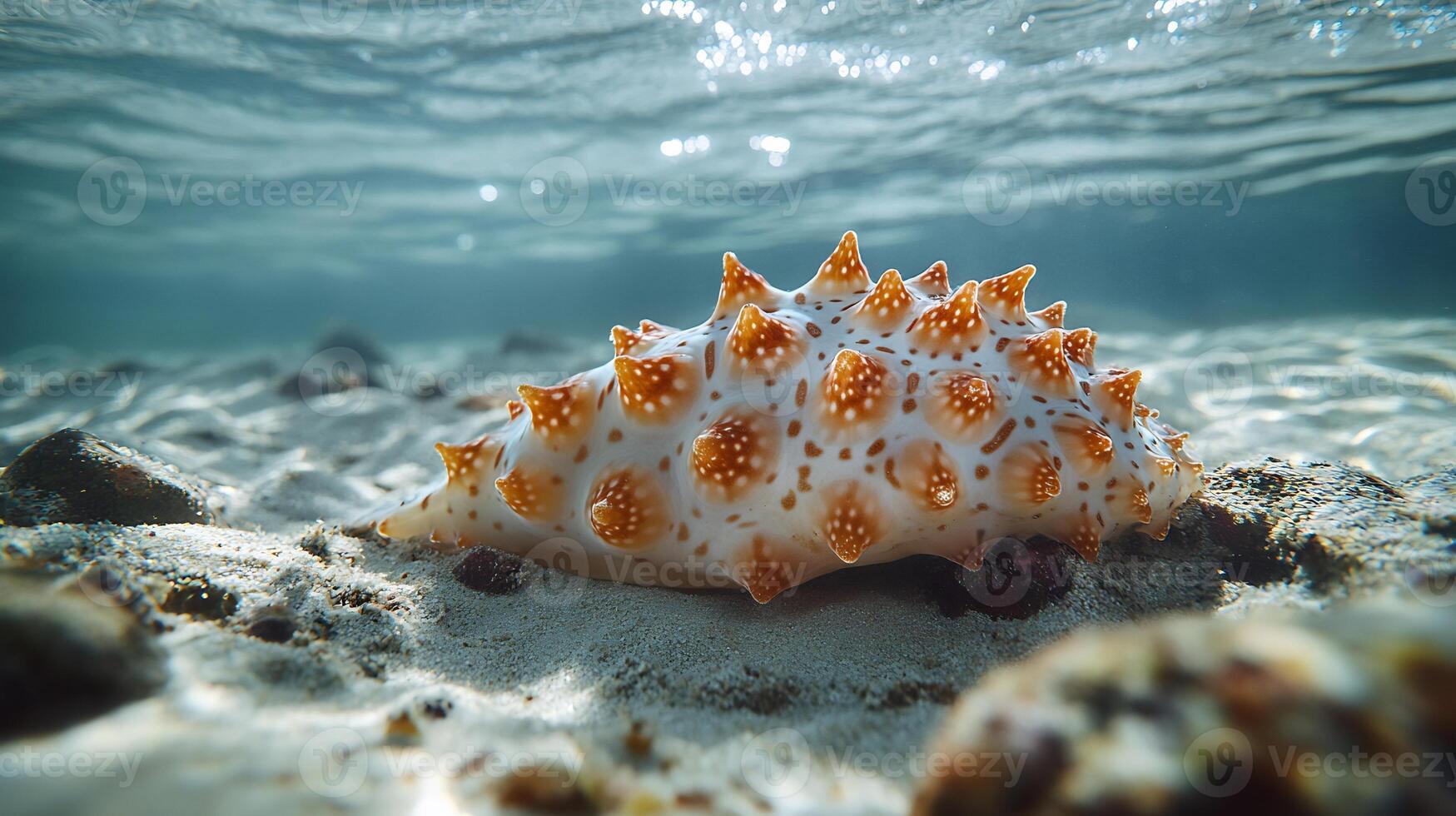 Sea Cucumber Holothuria atra phylum Echinodermata class Holothuroidea order Aspidochirotida family Holothuriidae resting tidal waters its textured body blending with sand and rocks photo