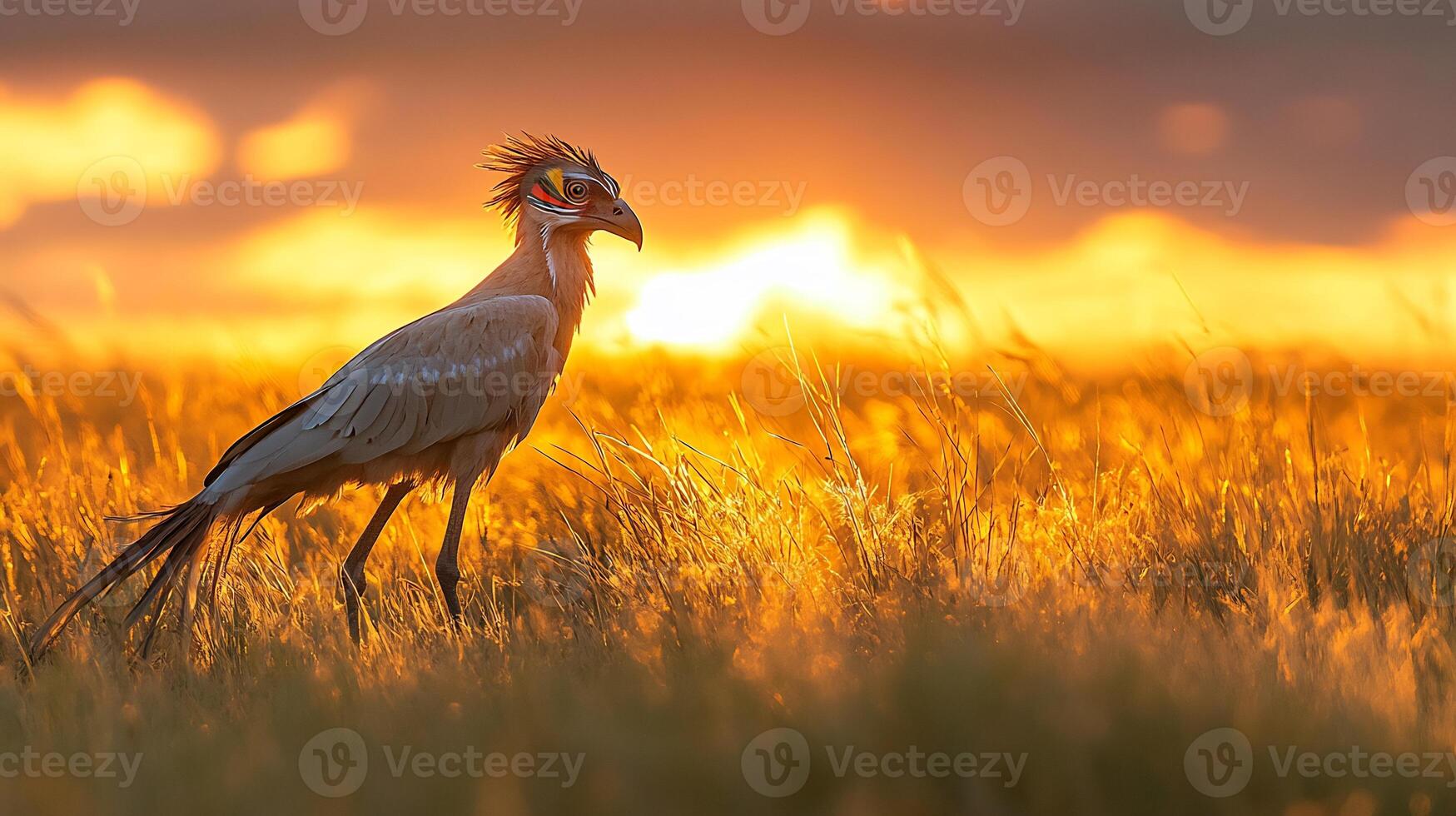 Secretary Bird Sagittarius serpentarius phylum Chordata class Aves order Accipitriformes family Sagittariidae stalking prey through golden savanna grass long legs and feathers glowing in sunset light photo