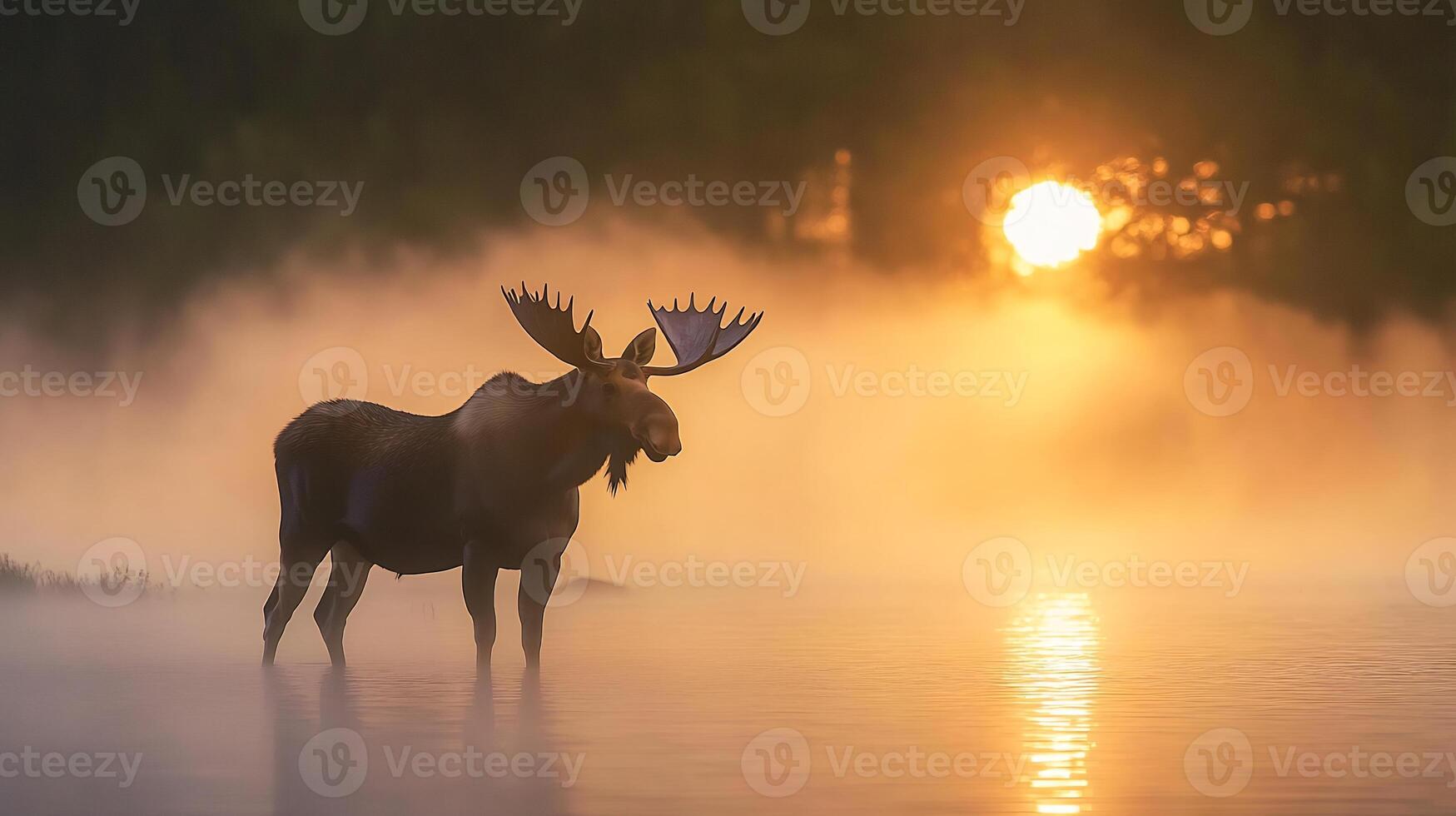 Moose Alces alces phylum Chordata class Mammalia order Artiodactyla family Cervidae standing a misty lake at dawn antlers silhouetted against the rising sun evoking peaceful wilderness photo
