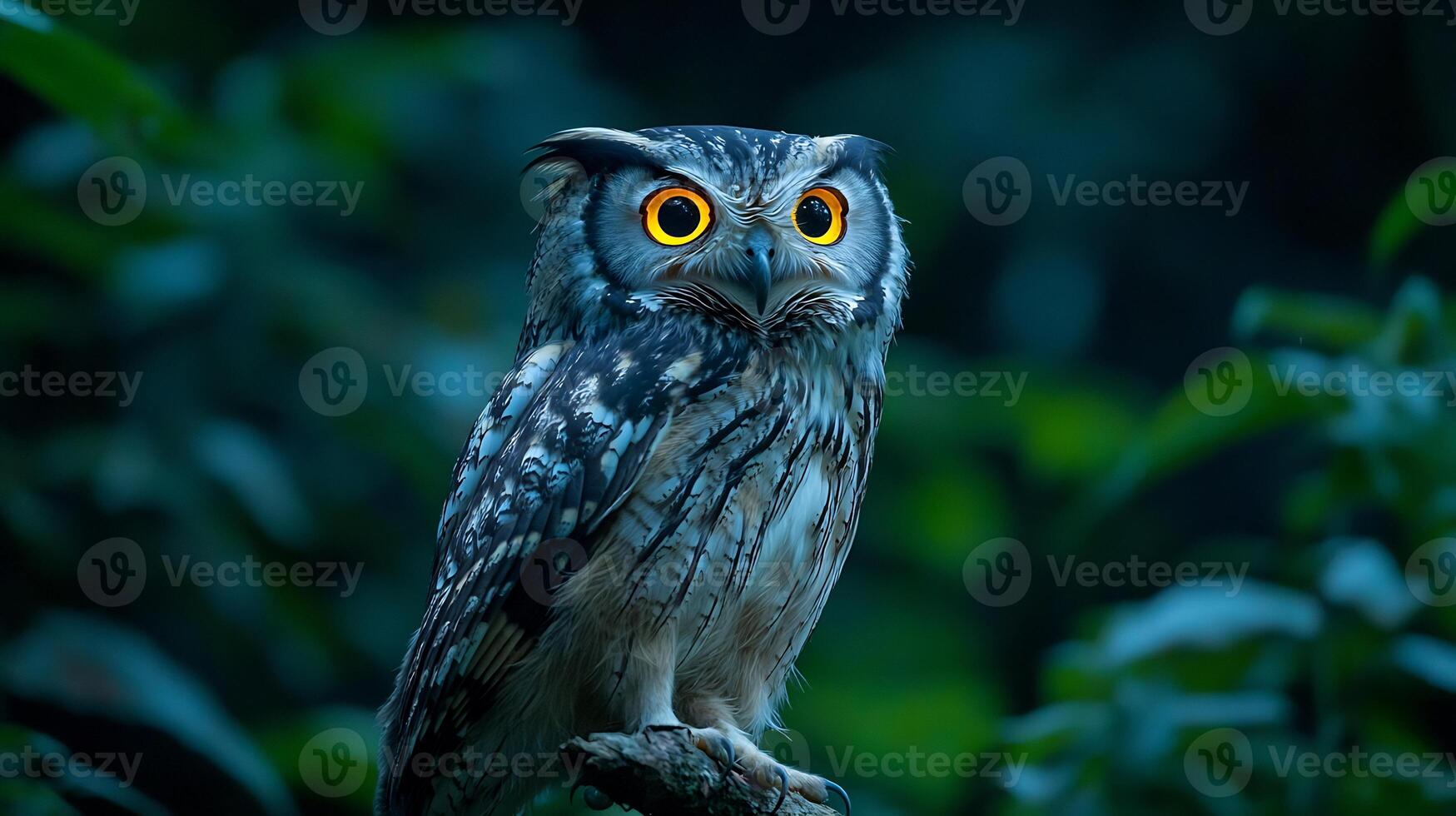 Spectacled Owl Pulsatrix perspicillata phylum Chordata class Aves order Strigiformes family Strigidae perched a rainforest branch its large yellow eyes glowing under moonlight photo