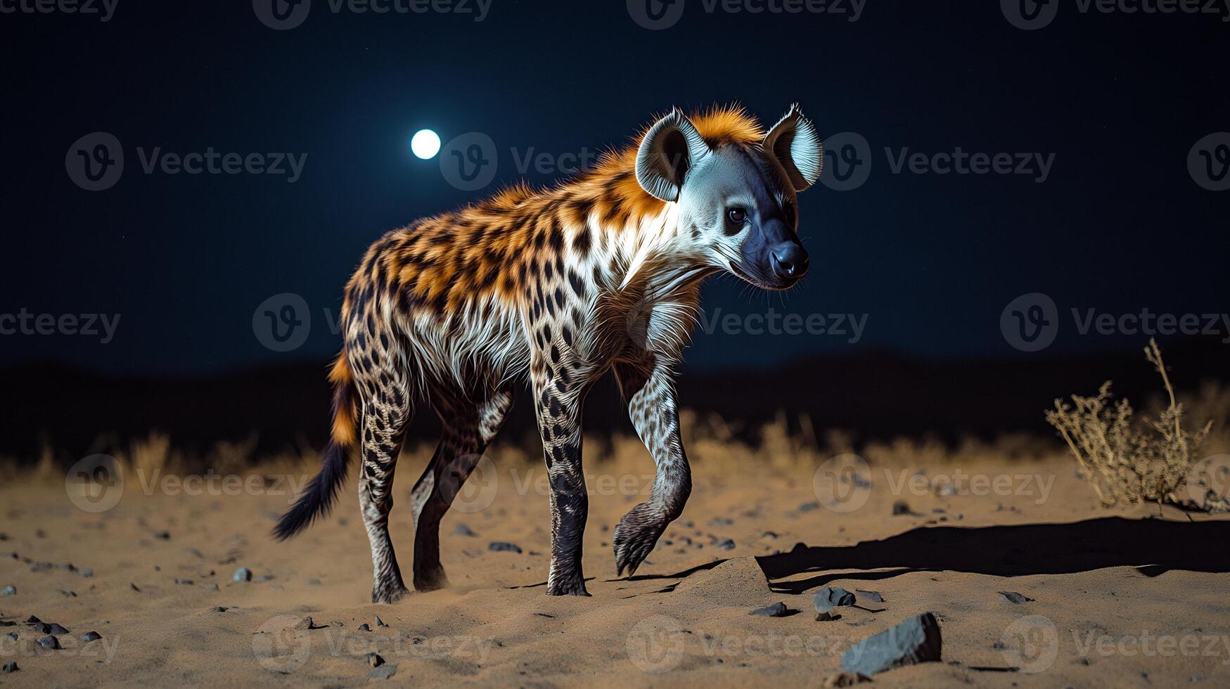 Striped Hyena Hyaena hyaena phylum Chordata class Mammalia order Carnivora family Hyaenidae walking across moonlit desert plain its shadow stretching behind as wind stirs dry sand photo