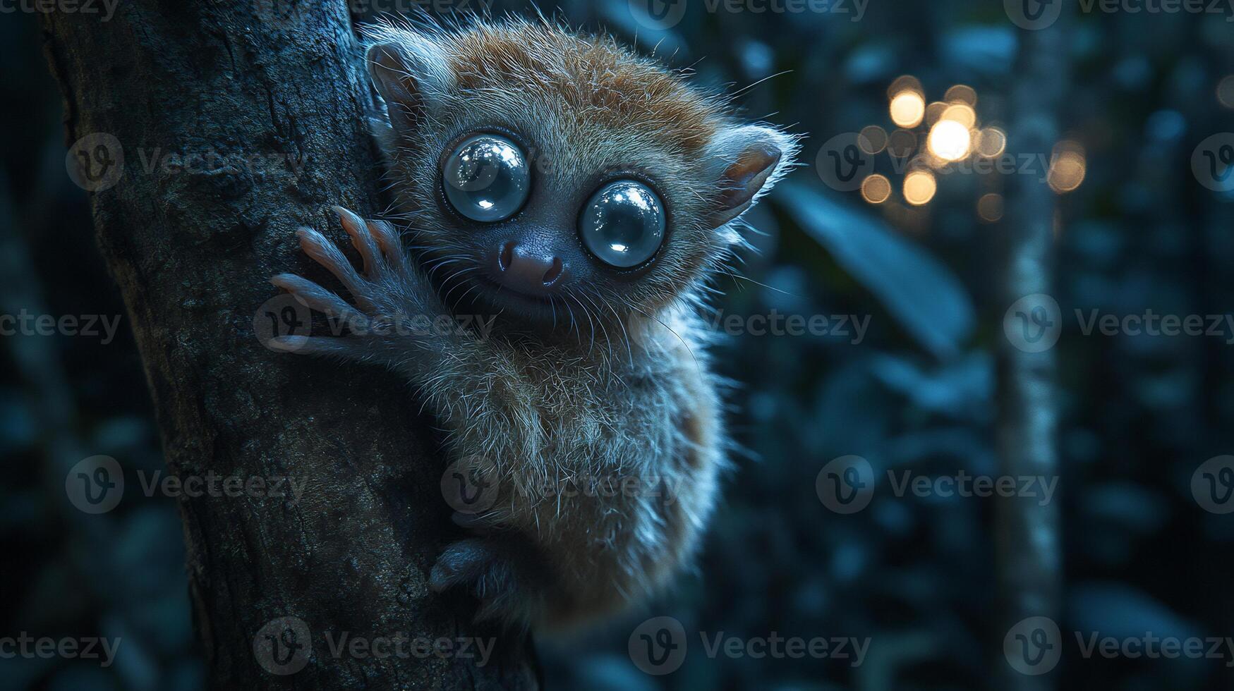 Sunda Slow Loris Nycticebus coucang phylum Chordata class Mammalia order Primates family Lorisidae clinging a branch in a moonlit jungle its large reflective eyes glowing softly photo