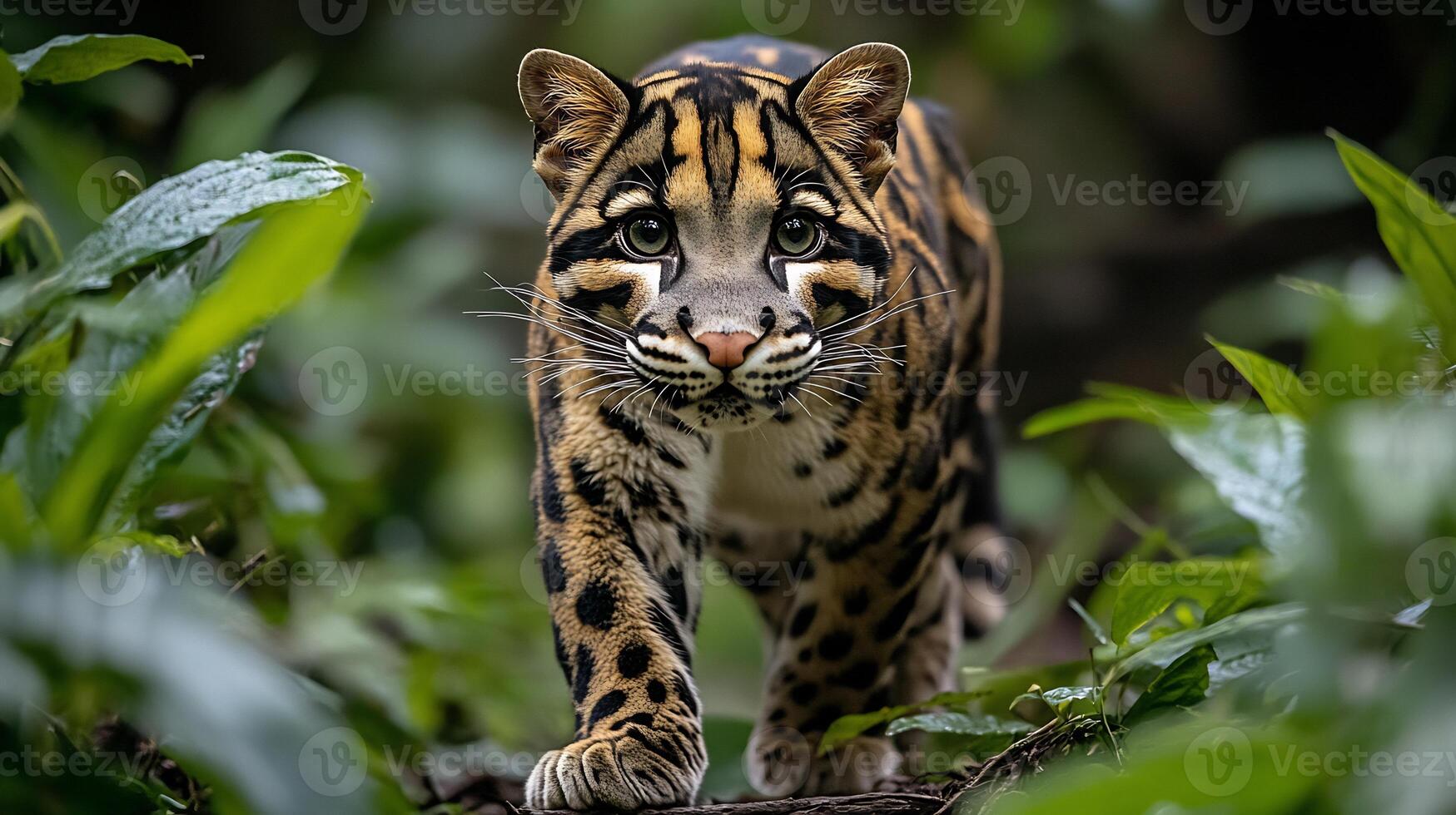 Sunda Clouded Leopard Neofelis diardi phylum Chordata class Mammalia order Carnivora family Felidae prowling silently through dense jungle shadows unique spotted coat blending perfectly photo