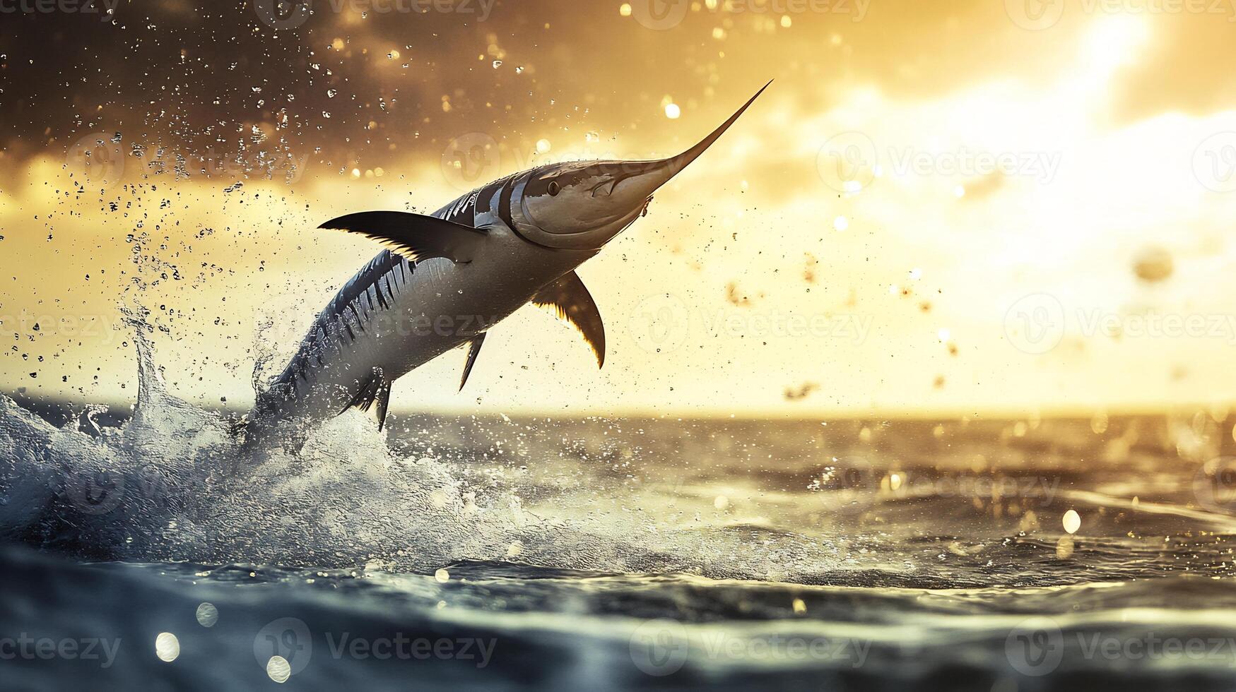 Swordfish Xiphias gladius phylum Chordata class Actinopterygii order Perciformes family Xiphiidae leaping out of ocean during a hunt its streamlined body shimmering in sunlight photo