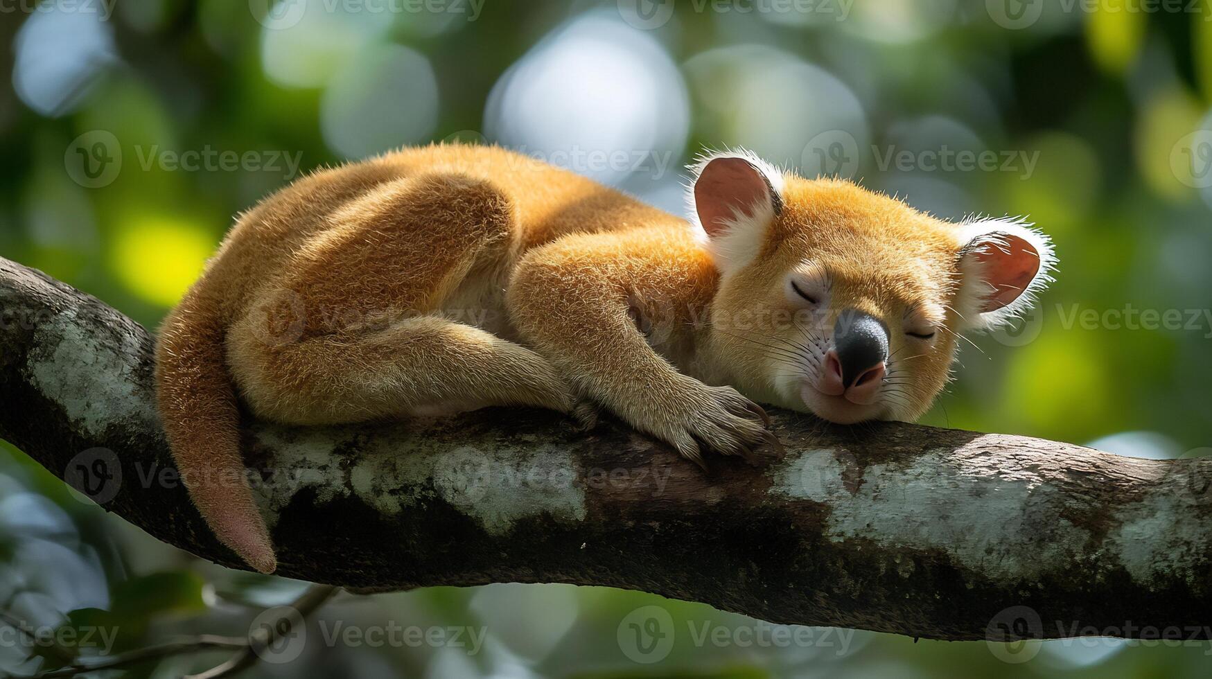 Tenkile Tree Kangaroo Dendrolagus scottae phylum Chordata class Mammalia order Diprotodontia family Macropodidae resting a rainforest branch its soft fur glowing under scattered light photo