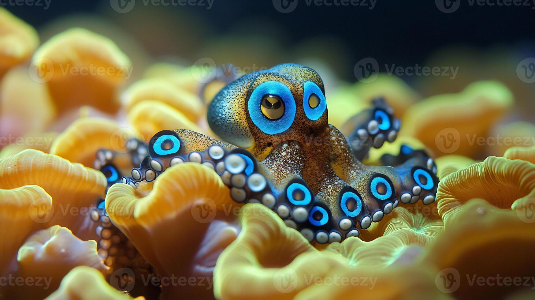 Blueringed Octopus Hapalochlaena lunulata phylum Mollusca class Cephalopoda order Octopoda family Octopodidae resting a coral reef its vibrant blue markings glowing under soft underwater light photo
