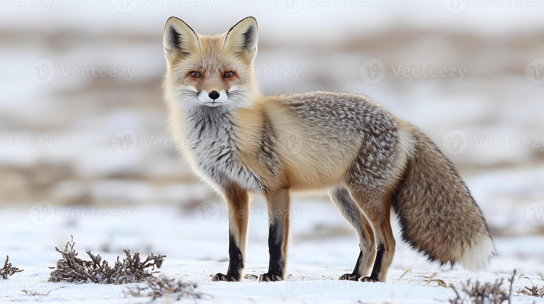 Tibetan Sand Fox Vulpes ferrilata phylum Chordata class Mammalia order Carnivora family Canidae standing alert a snowcovered plain its square face and dense fur glowing in soft afternoon light photo