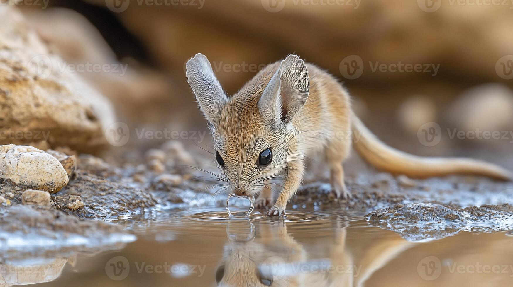 Jerboa Jaculus jaculus phylum Chordata class Mammalia order Rodentia family Dipodidae drinking a shallow desert oasis pool its long ears and tail framing its delicate posture photo
