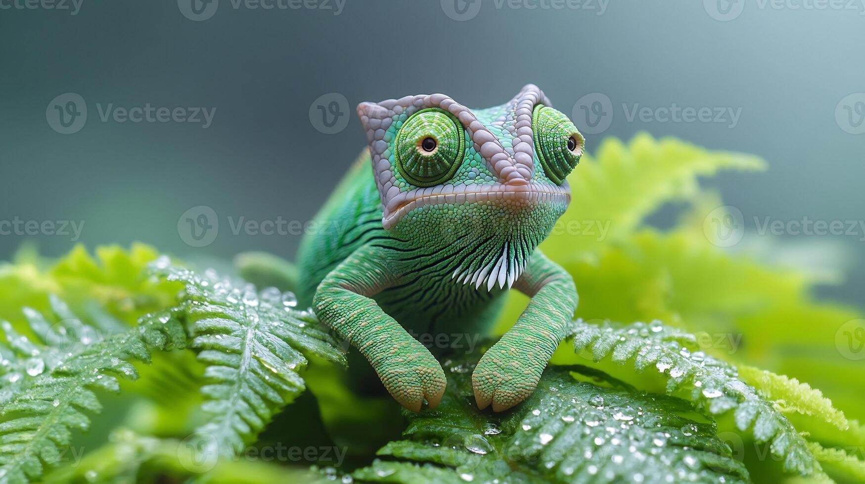 Dwarf Chameleon Bradypodion pumilum phylum Chordata class Reptilia order Squamata family Chamaeleonidae perched dewy fern a misty cloud forest its vibrant green scales blending into lush surroundings photo