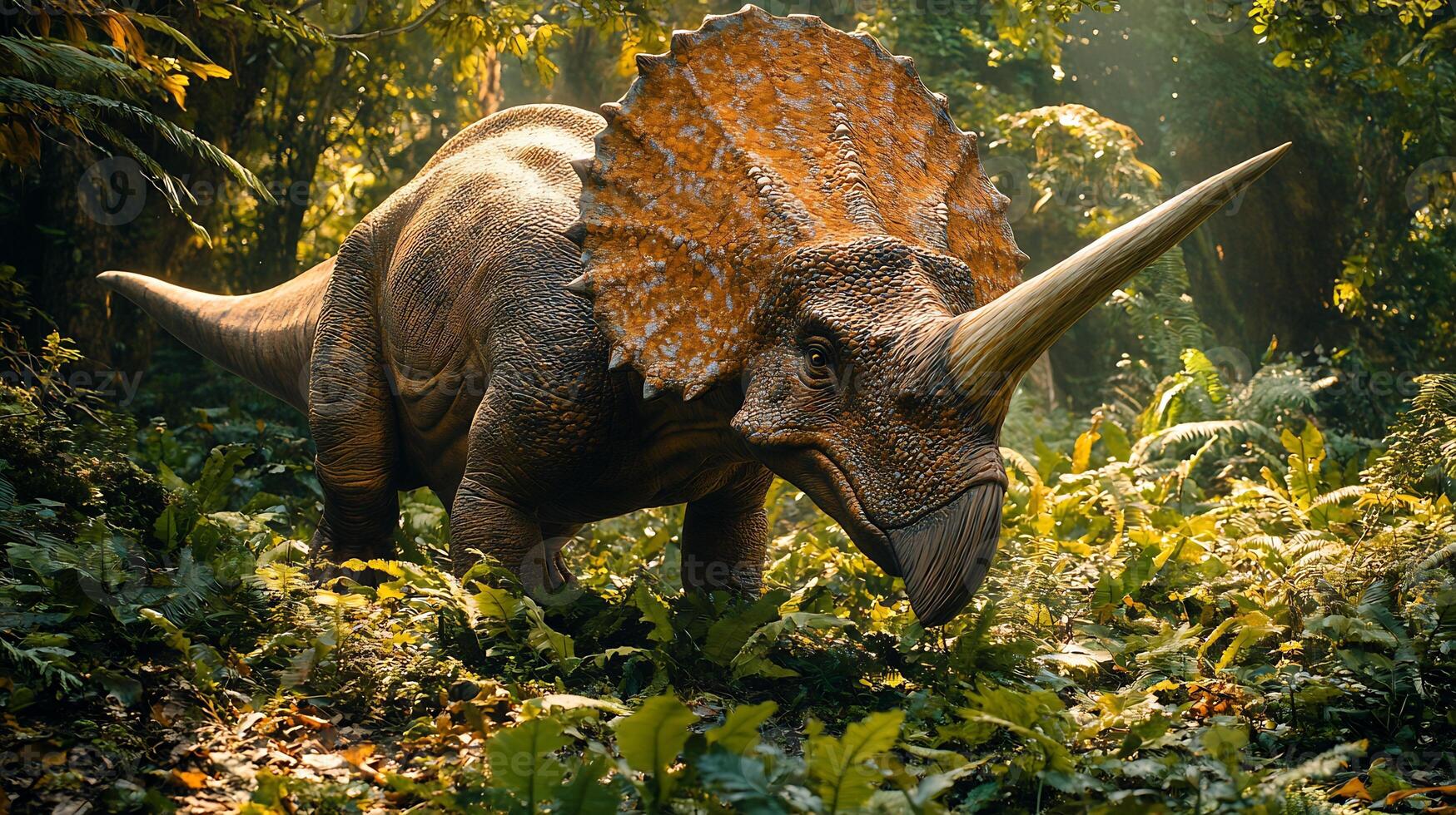 Triceratops Triceratops horridus phylum Chordata class Reptilia order Ornithischia family Ceratopsidae grazing low leaves in a prehistoric forest its frill glowing under soft sunlight photo