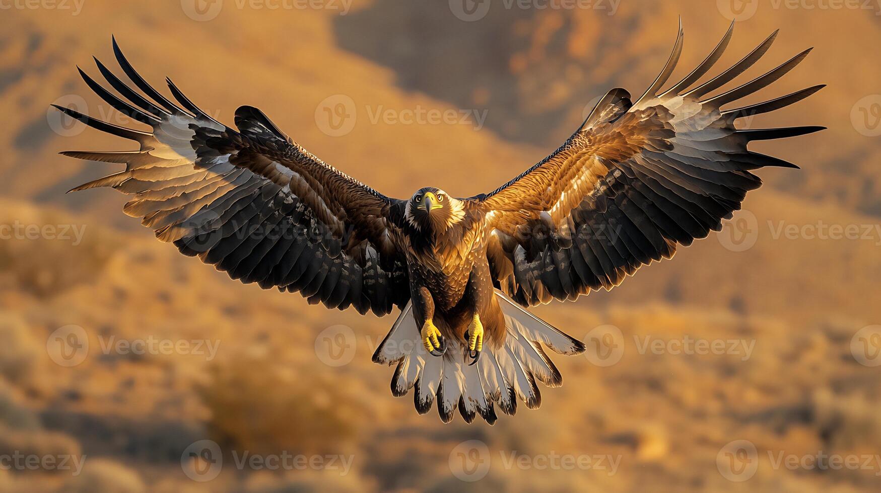 Wedgetailed Eagle Aquila audax phylum Chordata class Aves order Accipitriformes family Accipitridae diving toward prey the Australian desert its talons and wingspan glowing in golden light photo