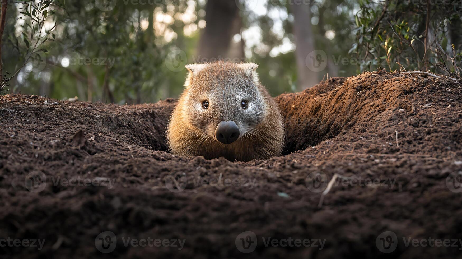 Wombat Vombatus ursinus phylum Chordata class Mammalia order Diprotodontia family Vombatidae peering out of burrow in the Australian bush soft light illuminating its fur and earthy textures photo
