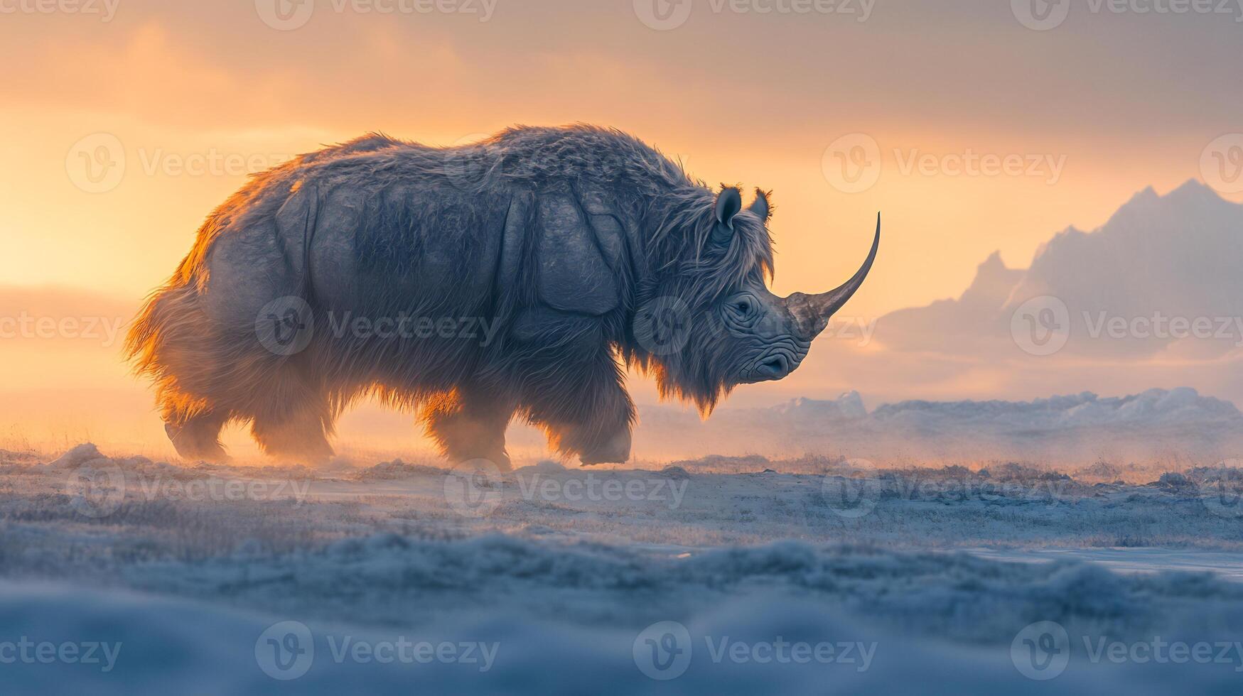 Woolly Rhinoceros Coelodonta antiquitatis phylum Chordata class Mammalia order Perissodactyla family Rhinocerotidae walking across Ice Age plains thick fur glowing under dawn light photo