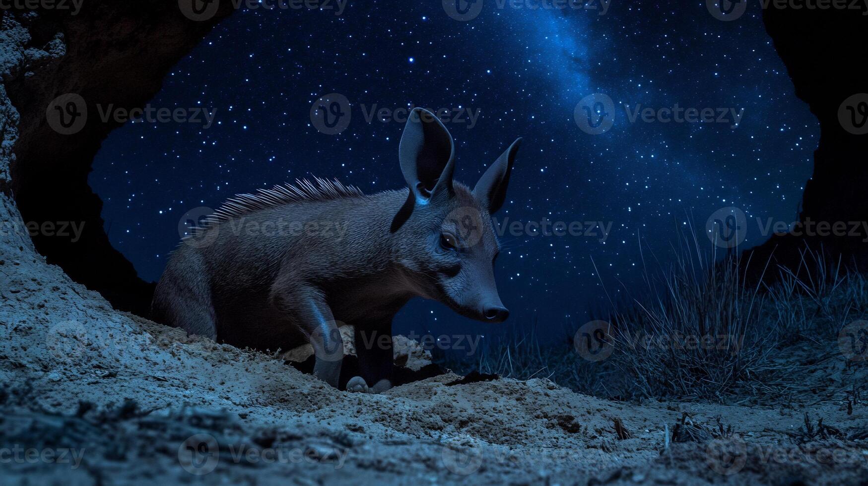 Aardvark Orycteropus afer phylum Chordata class Mammalia order Tubulidentata family Orycteropodidae cautiously emerging a burrow under a starry sky framed by moonlit arid landscapes photo