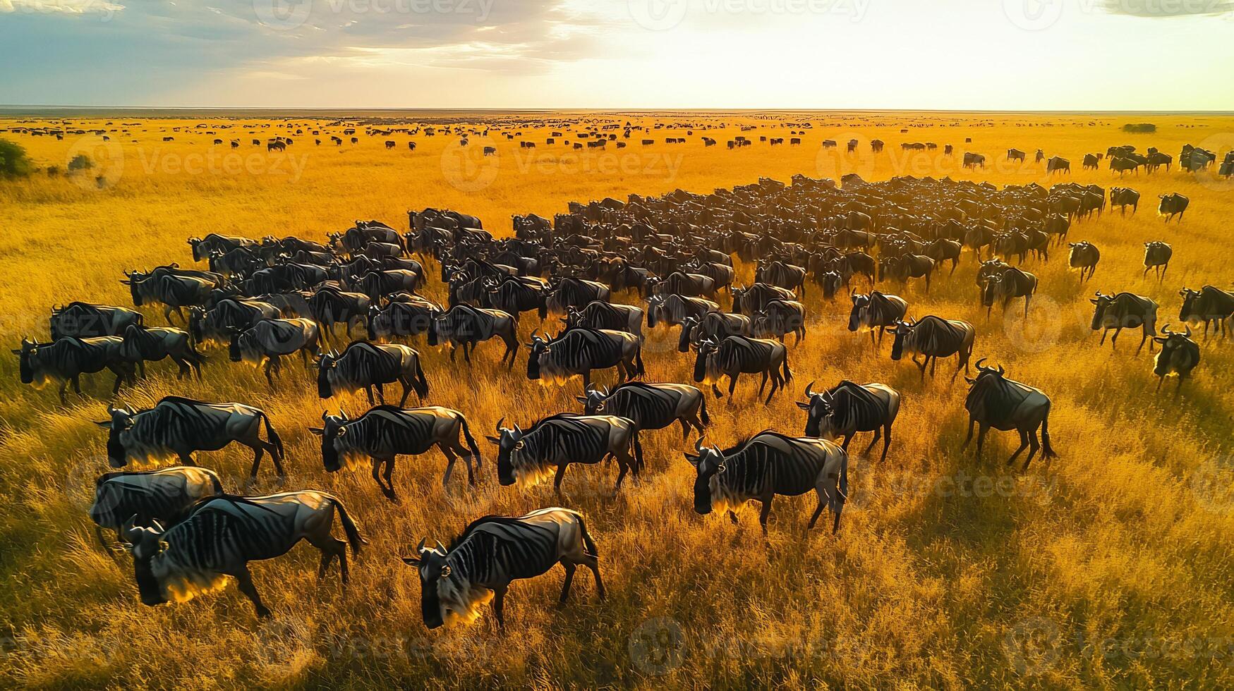 Wildebeest Migration Connochaetes taurinus phylum Chordata class Mammalia order Artiodactyla family Bovidae moving across savanna their dark forms glowing against golden grass photo
