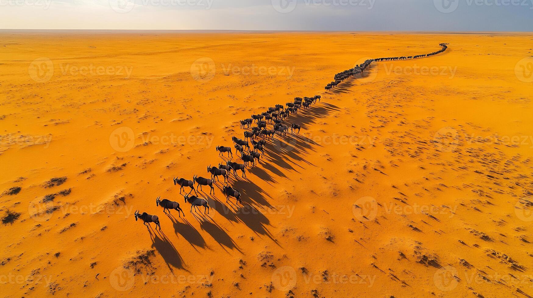 Springbok Antidorcas marsupialis phylum Chordata class Mammalia order Artiodactyla family Bovidae migrating across Kalahari Desert their shadows stretching across golden sands photo