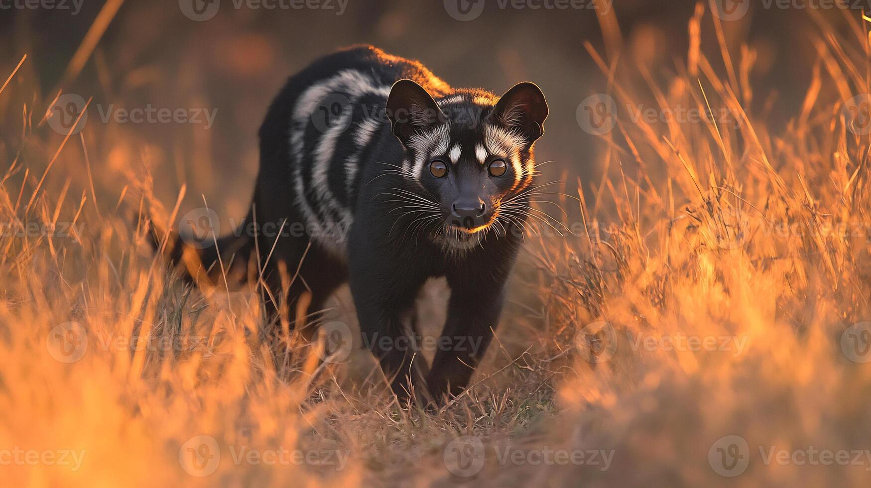 African Civet Civettictis civetta phylum Chordata class Mammalia order Carnivora family Viverridae stalking through tall grass dusk its black and white patterns blending into the shadows photo
