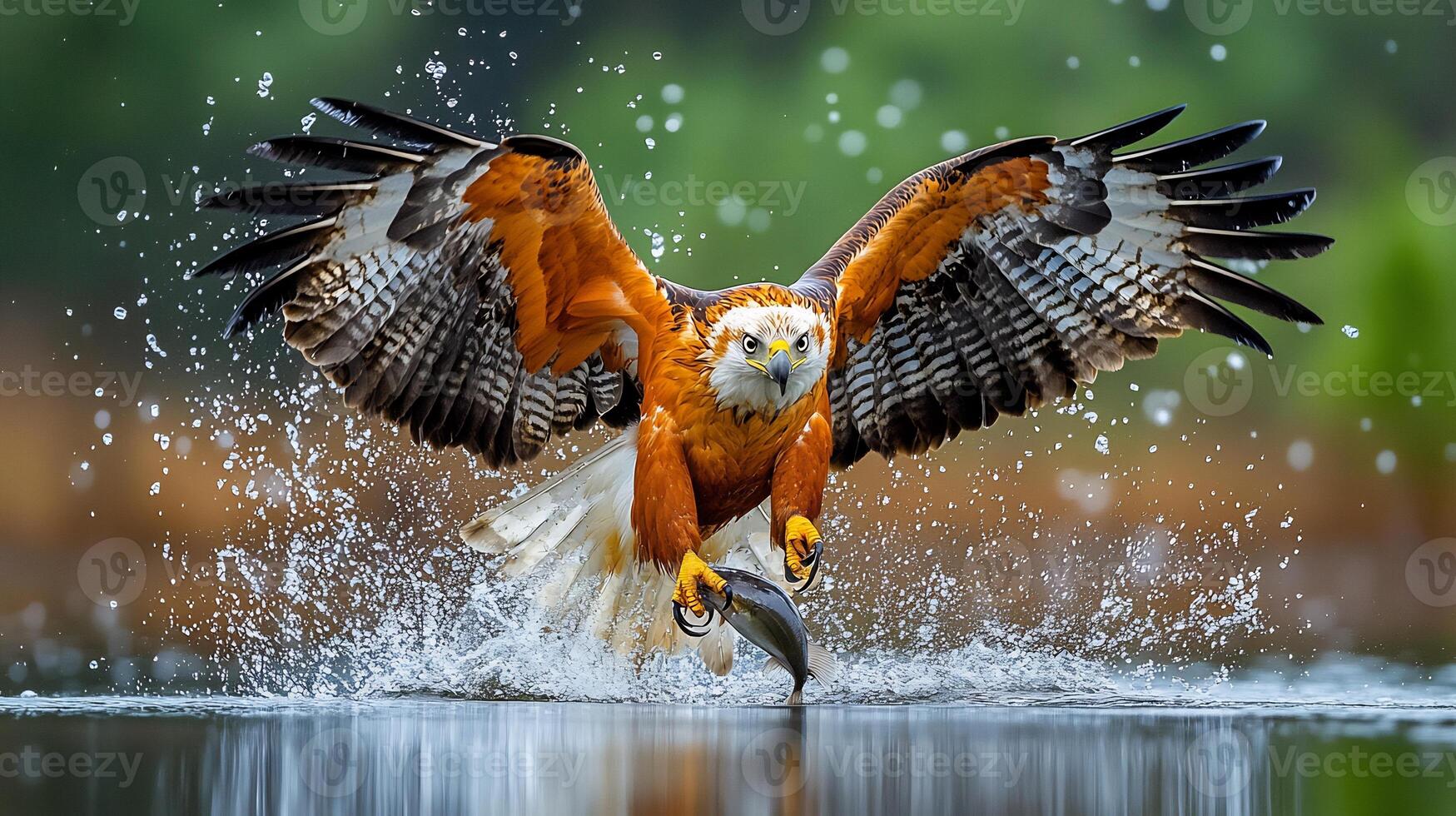 African Fish Eagle Haliaeetus vocifer phylum Chordata class Aves order Accipitriformes family Accipitridae swooping over lake its talons outstretched as it captures a fish in splashing water photo