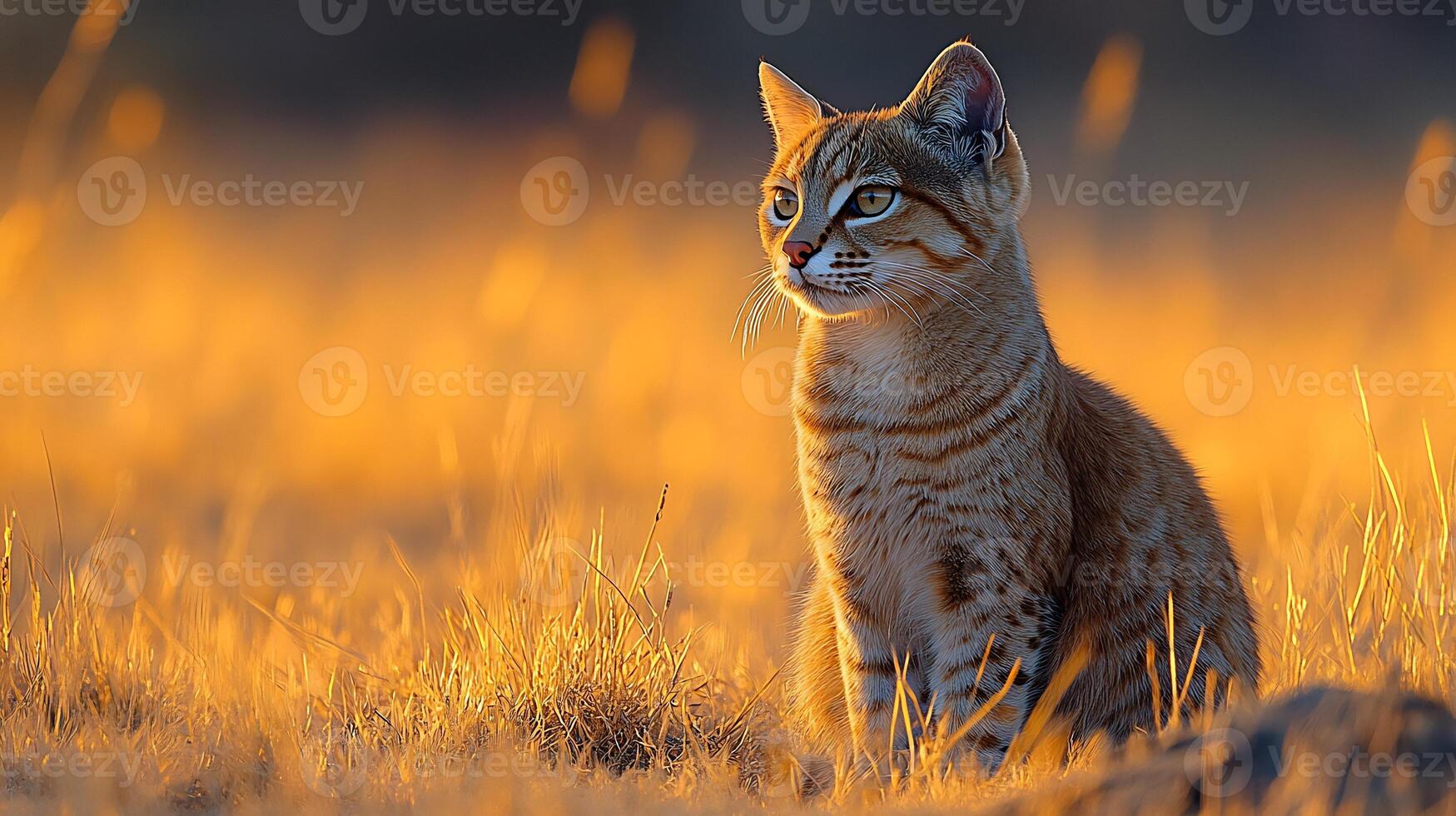 African Wildcat Felis lybica phylum Chordata class Mammalia order Carnivora family Felidae sitting alert savanna grass at dusk its sleek coat glowing in sunset hues photo