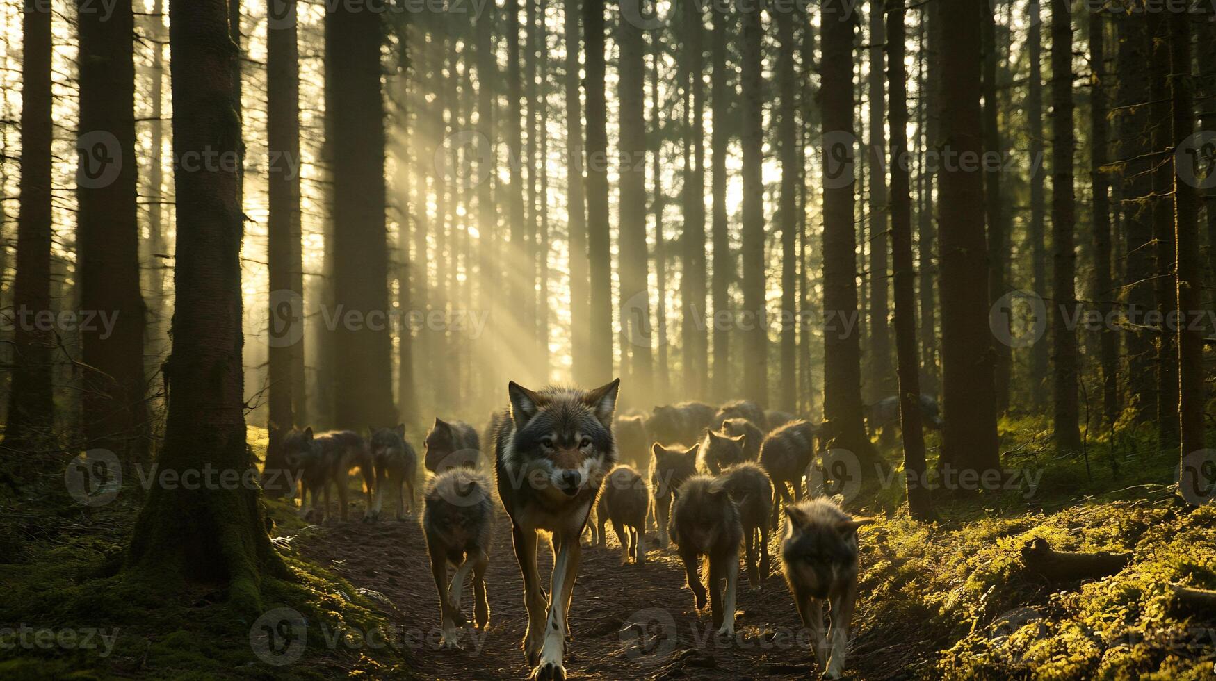 Alpha Wolf Canis lupus family Canidae leading pack through a dense forest sunlight filtering through trees showcasing dominance pack dynamics and natural woodland habitats photo