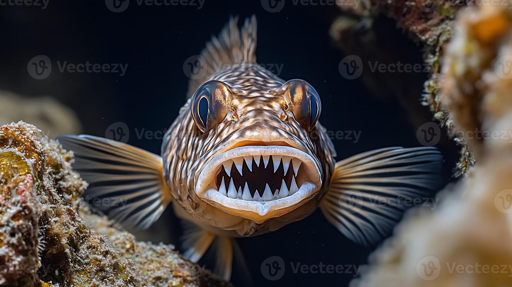 Atlantic Wolffish Anarhichas lupus phylum Chordata class Actinopterygii order Perciformes family Anarhichadidae peeking a rocky crevice its sharp teeth and patterned skin illuminated underwater photo
