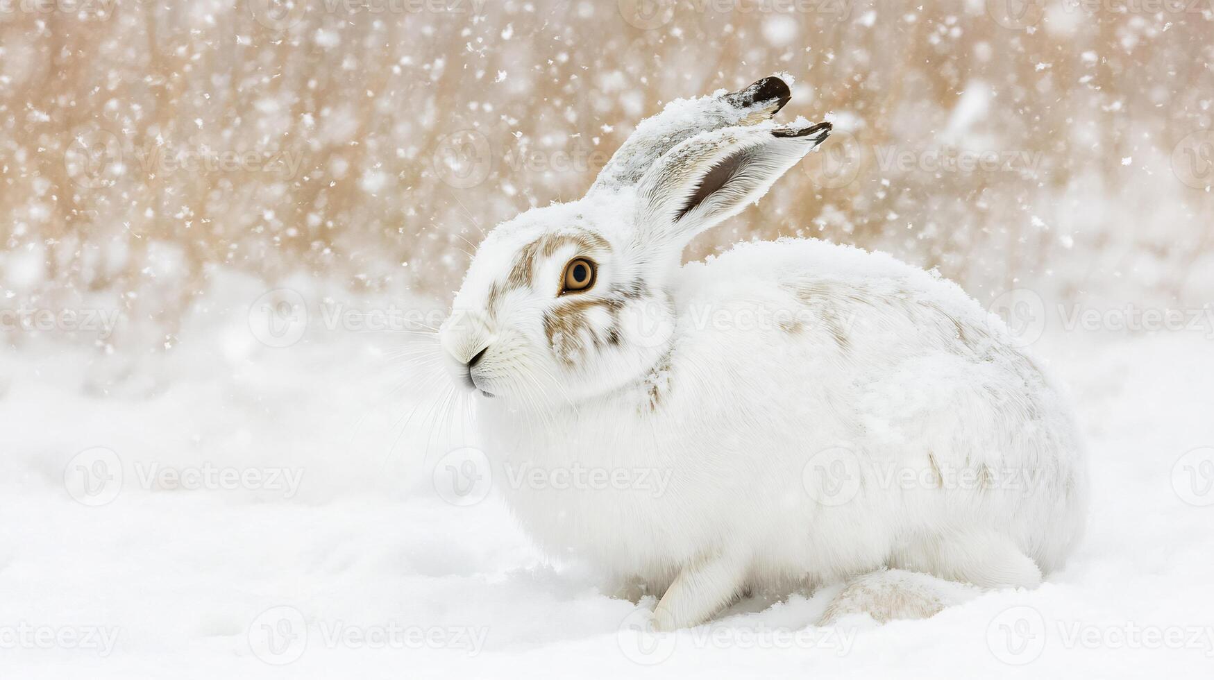 Arctic Hare Lepus arcticus family Leporidae crouching a snowstorm its white fur blending into the icy surroundings symbolizing adaptation and survival in Arctic climates photo