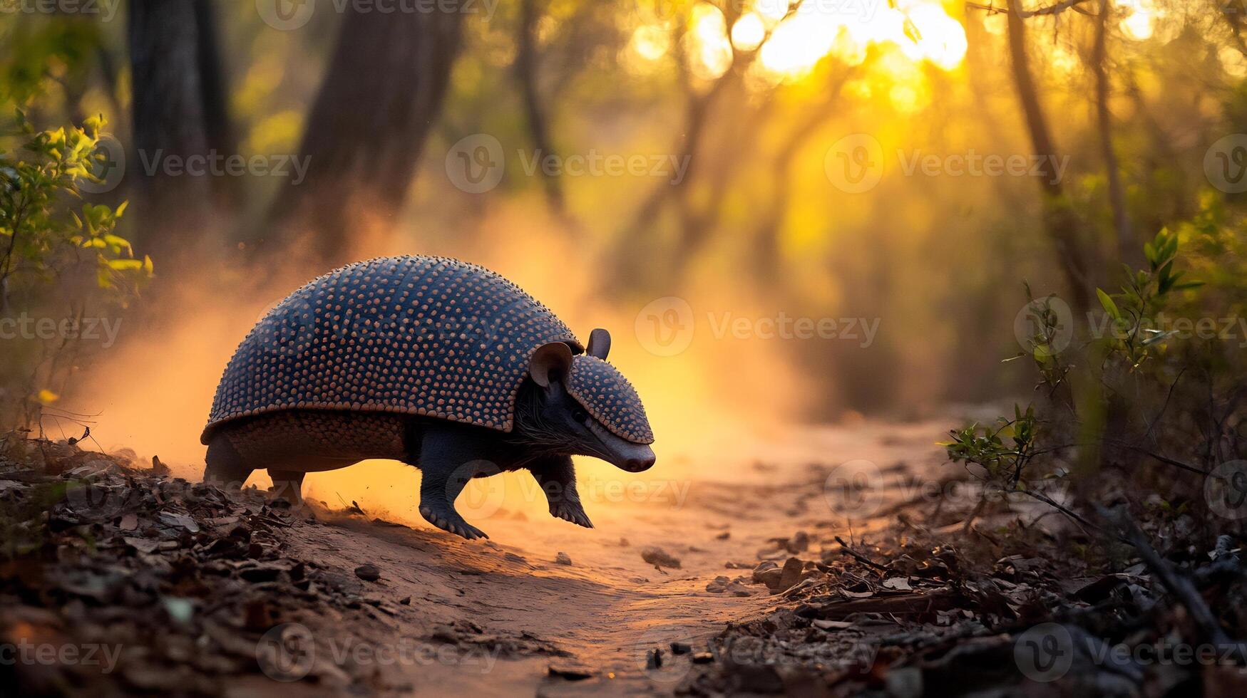 Armadillo Dasypus novemcinctus phylum Chordata class Mammalia order Cingulata family Dasypodidae crossing dusty forest trail at sunset textured shell catching warm golden light photo