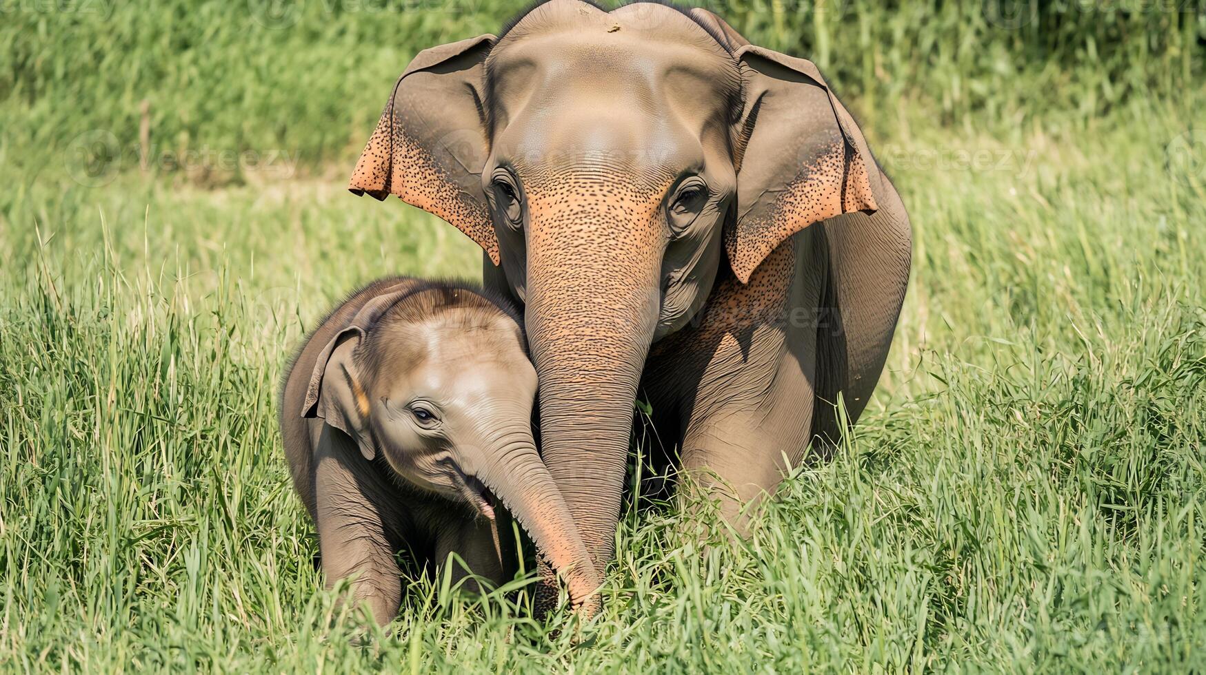 Elephant Mother Loxodonta africana family Elephantidae gently guiding her calf through tall grass their trunks intertwined highlighting maternal bonds savanna wildlife photo