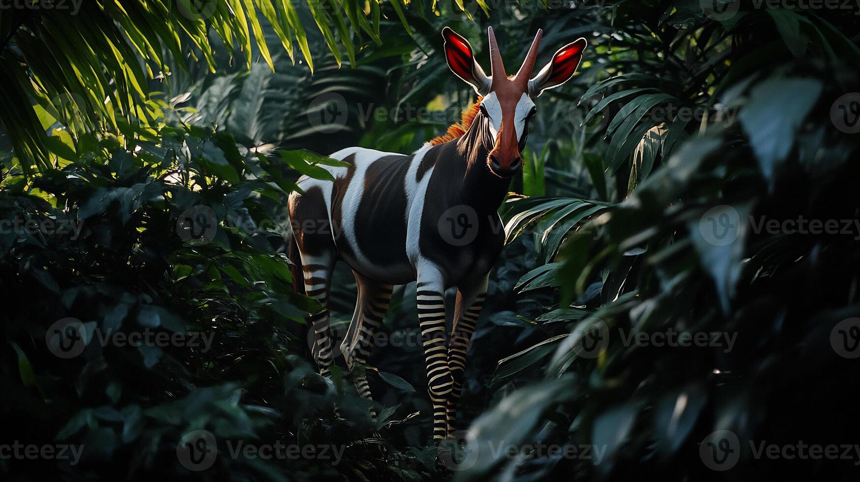 Okapi Okapia johnstoni phylum Chordata class Mammalia order Artiodactyla family Giraffidae standing amidst dense jungle foliage striped legs blending dappled sunlight in tropical habitats photo