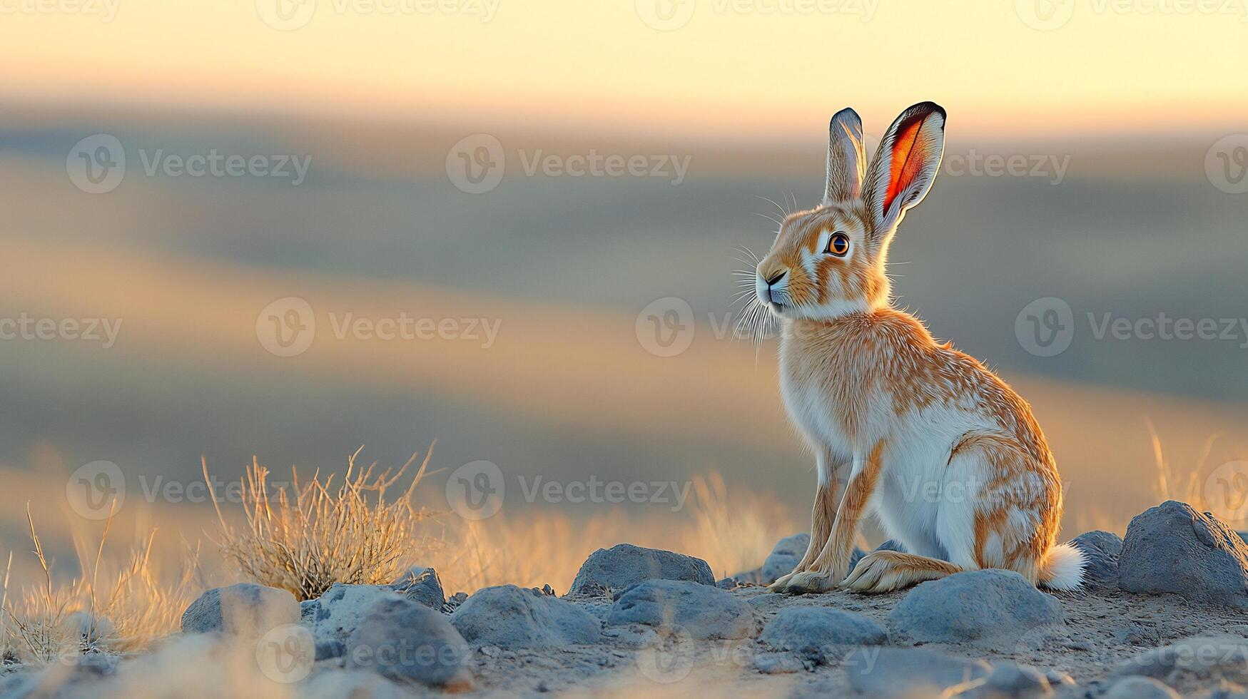 Ethiopian Highland Hare Lepus starcki phylum Chordata class Mammalia order Lagomorpha family Leporidae sitting a rocky plateau its ears alert under the warm hues of sunrise photo