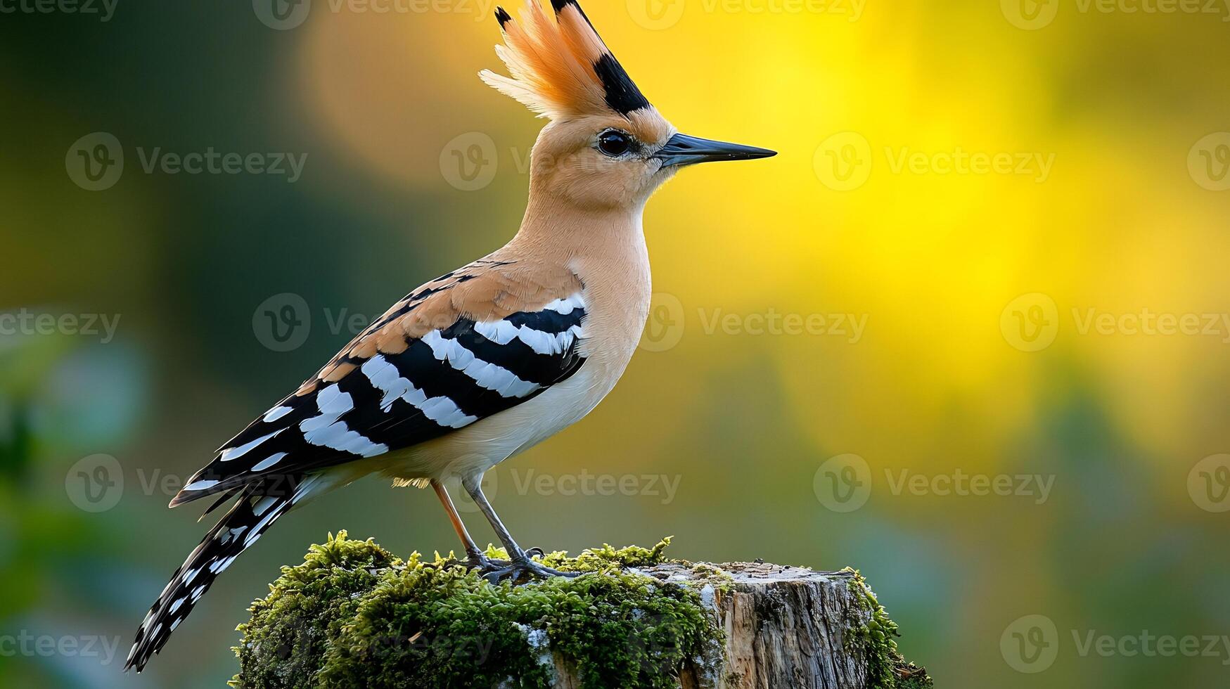 Eurasian Hoopoe Upupa epops phylum Chordata class Aves order Bucerotiformes family Upupidae perched a mossy stump its raised crest glowing under sunlight in an open meadow photo