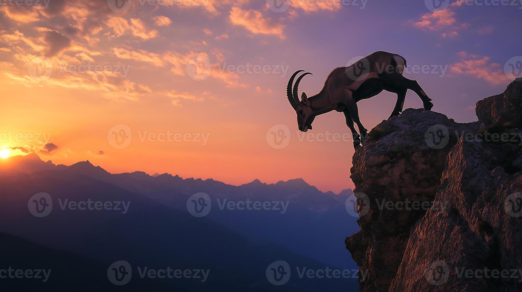 Ibex Capra ibex phylum Chordata class Mammalia order Artiodactyla family Bovidae balancing effortlessly steep rocky cliffs its curved horns silhouetted against a vivid sunset photo