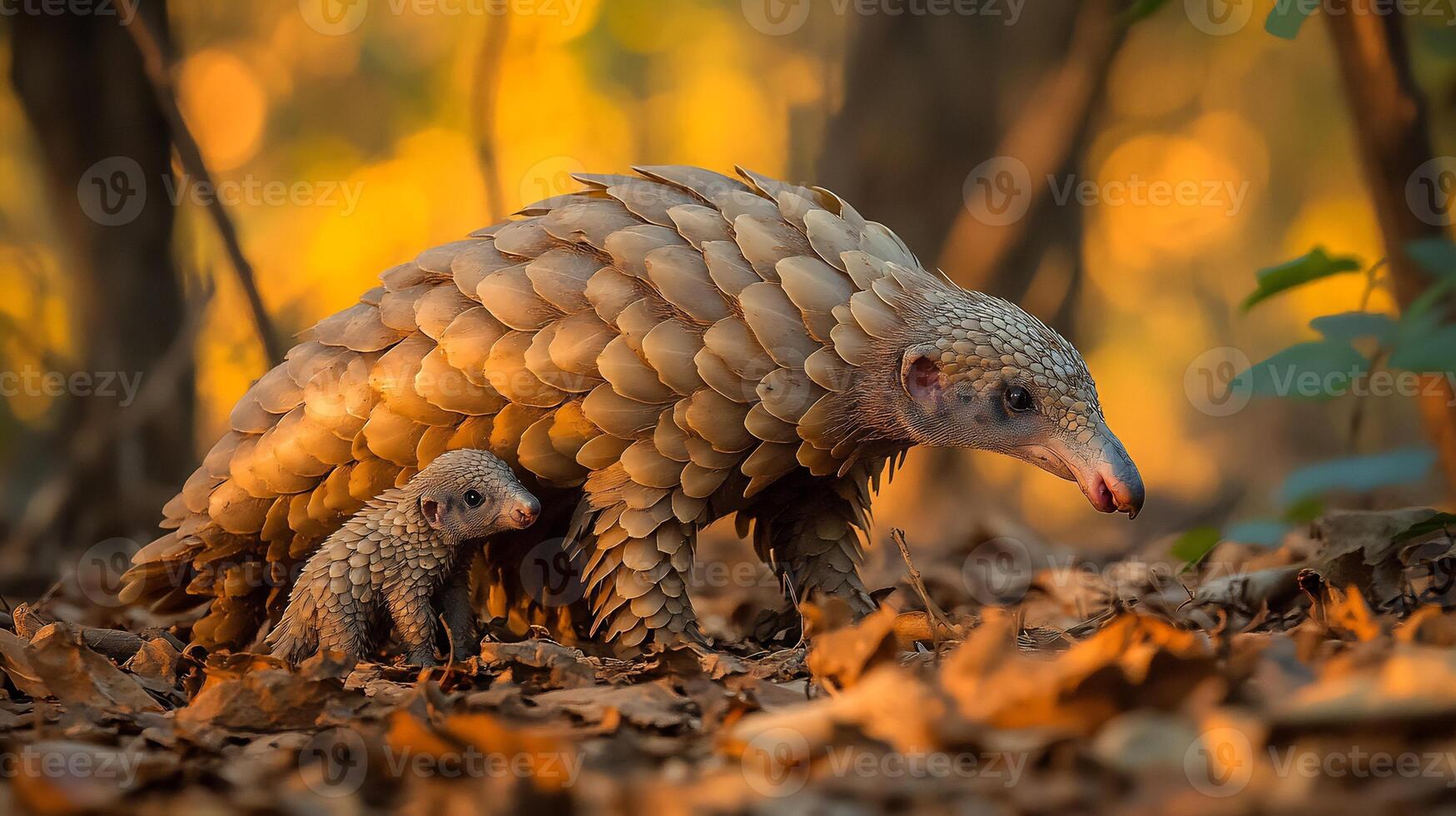 Indian Pangolin Manis crassicaudata phylum Chordata class Mammalia order Pholidota family Manidae walking through dry forest with its young clinging to its back their scales glowing in golden light photo