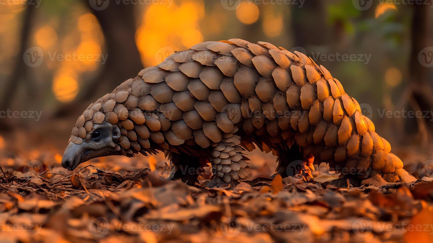 Indian Pangolin Manis crassicaudata phylum Chordata class Mammalia order Pholidota family Manidae foraging dusk in a dry forest clearing its armored scales glistening under golden light photo
